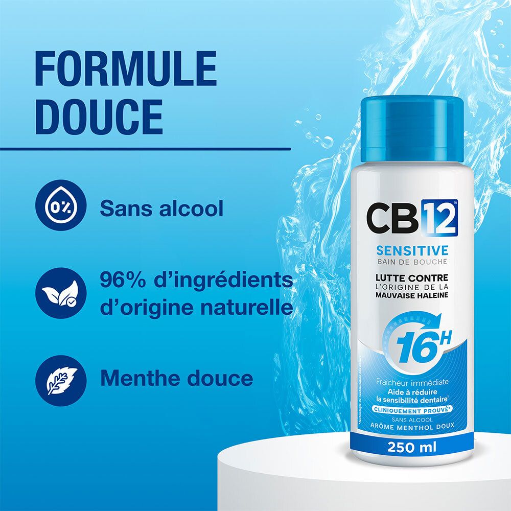 Fles CB12 Sensitive mondwater naast een grafiek met 'Formule Douce', 'Sans Alcool' en '96% d'ingrédients d'origine naturelle'.