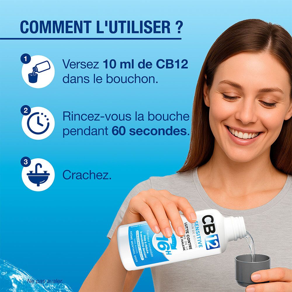 Vrouw schenkt CB12 Sensitive mondwater in de dop. Gebruiksinstructies.