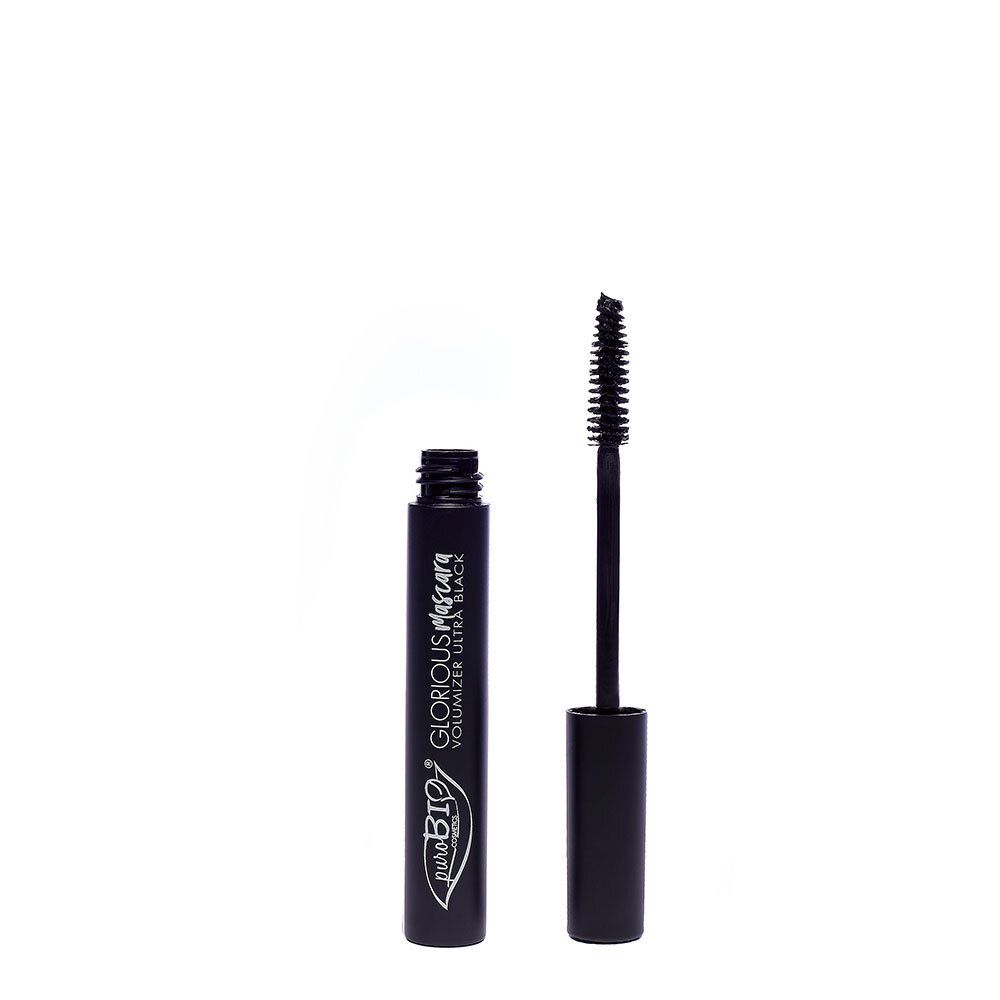 Zwarte mascara tube met open borstel. Opschrift: PUROBIO Mascara Glorious Extra Black.