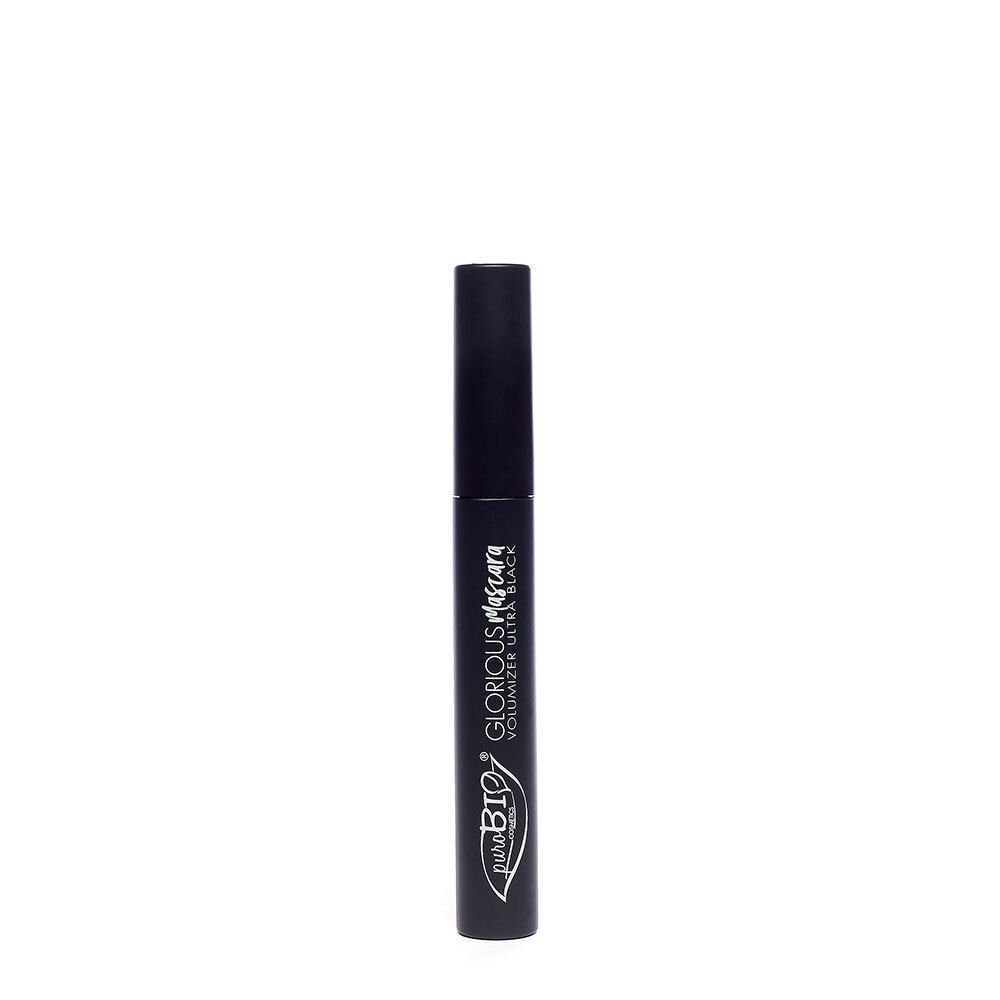 Gesloten zwarte mascara tube. Opschrift: PUROBIO Mascara Glorious Extra Black.