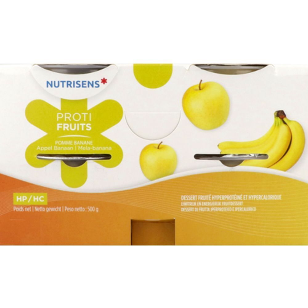 Verpakking met vier fruitdessertpotjes. Opschrift: "Nutrisens Protifruits Pomme Banane". Illustraties van appels en bananen.