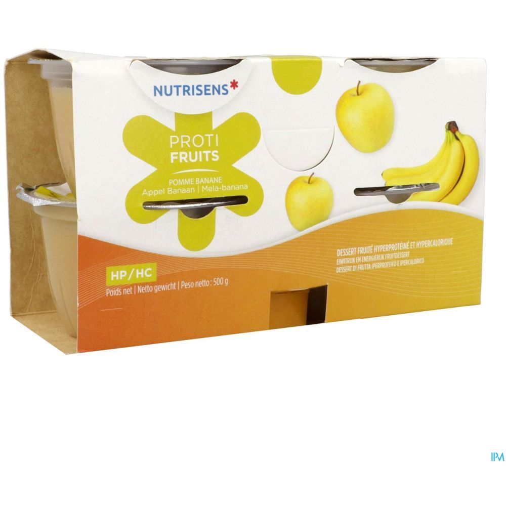 Verpakking met drie zichtbare fruitdessertpotjes. Opschrift: "Nutrisens Protifruits Pomme Banane". Illustraties van appels en bananen.