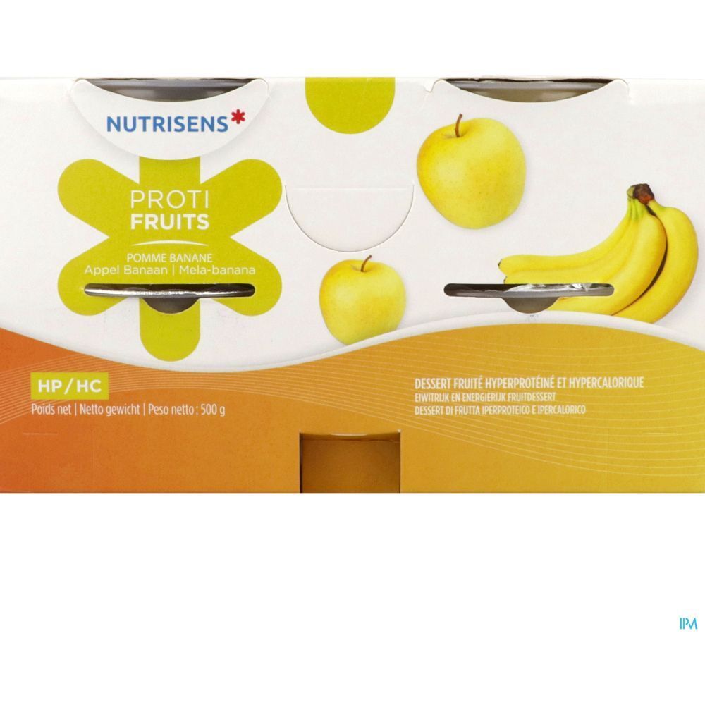 Verpakking met vier fruitdessertpotjes. Opschrift: "Nutrisens Protifruits Pomme Banane". Illustraties van appels en bananen.