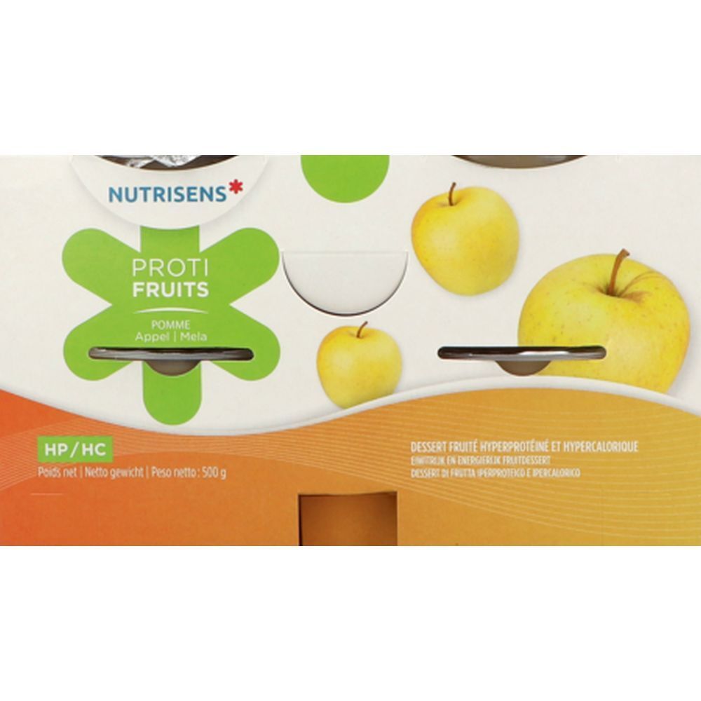 Emballage Nutrisens Proti-Fruits HP/HC pomme. Inscription: Proti-Fruits, pomme. Pommes jaunes illustrées. Poids net 500 g.