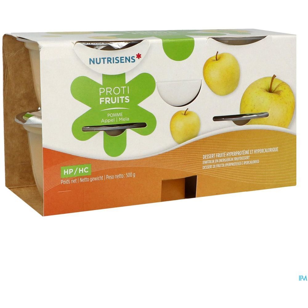 Emballage Nutrisens Proti-Fruits HP/HC pomme. Inscription: Proti-Fruits, pomme. Contenu: pots. Poids net 100 g.