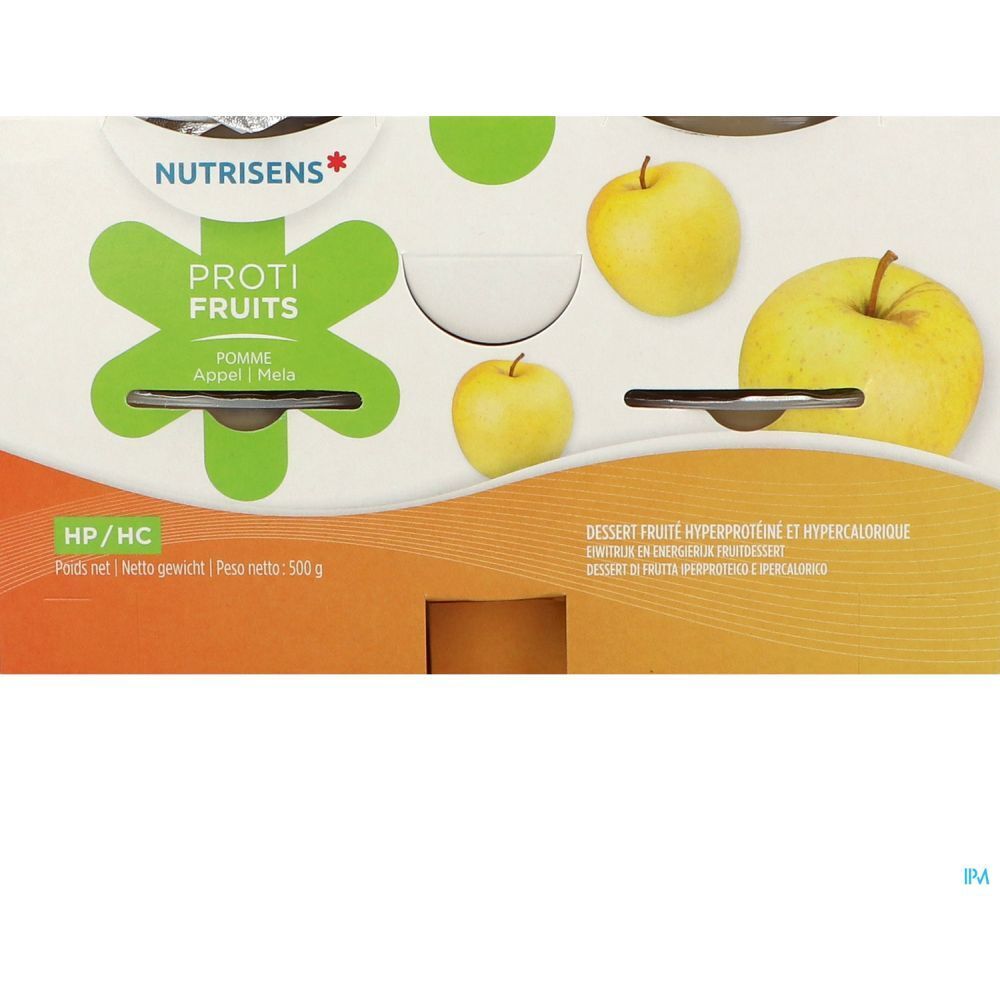 Emballage Nutrisens Proti-Fruits HP/HC pomme. Inscription: Proti-Fruits, pomme. Pommes jaunes illustrées. Poids net 500 g.
