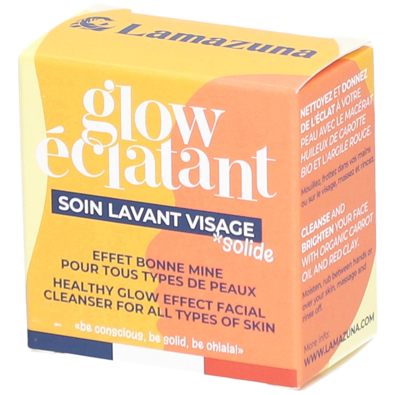 Gele doos met "glow éclatant" en "Soin Lavant Visage Solide". Tekst: "Effet bonne mine". 