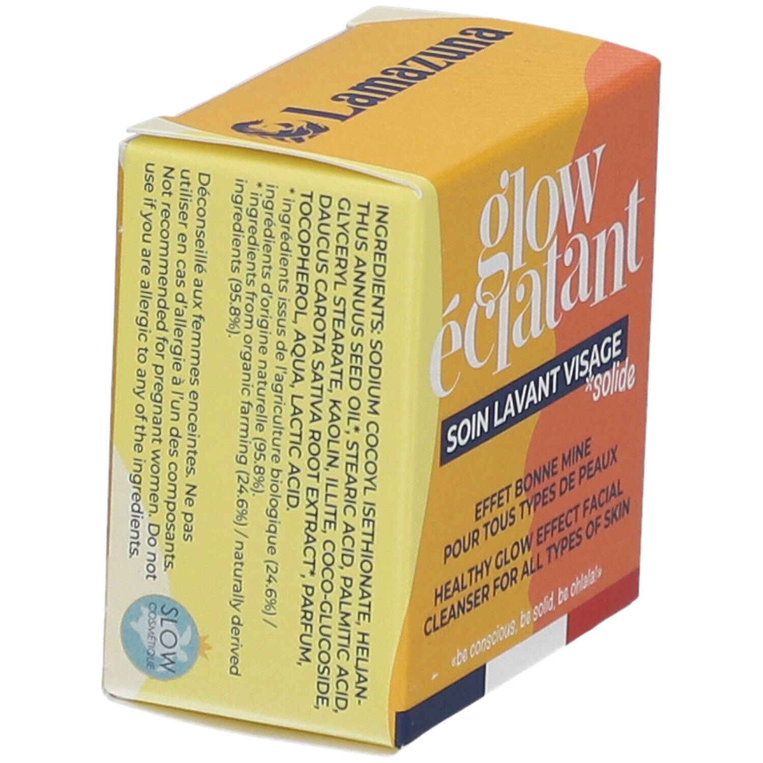 Gele doos met "glow éclatant" en "Soin Lavant Visage Solide". Ingrediëntenlijst en waarschuwingen.