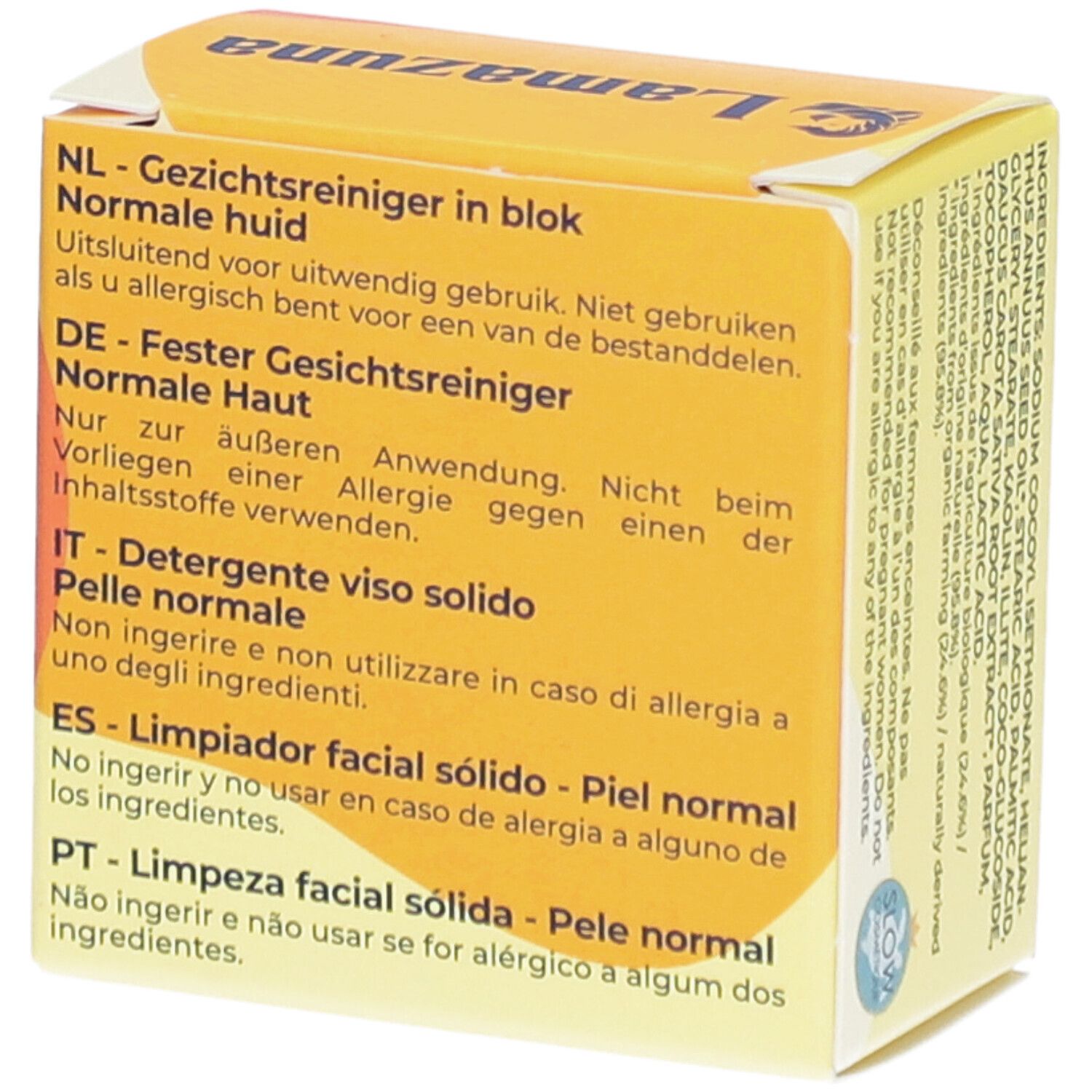 Gele doos met "glow éclatant" en "Soin Lavant Visage Solide". Meertalige instructies: "Gezichtsreiniger in blok". 