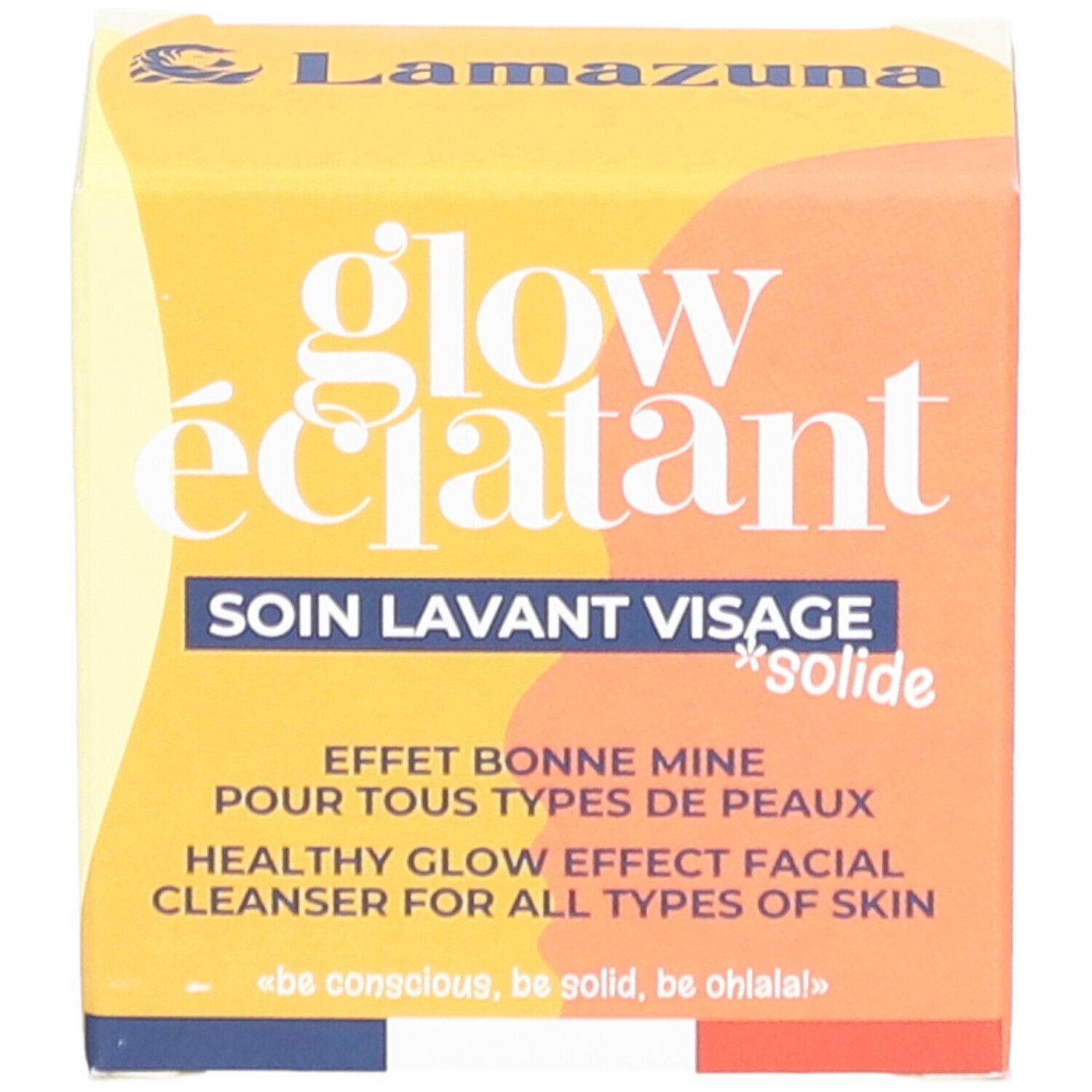 Gele doos met "glow éclatant" en "Soin Lavant Visage Solide". Tekst: "Effet bonne mine". 