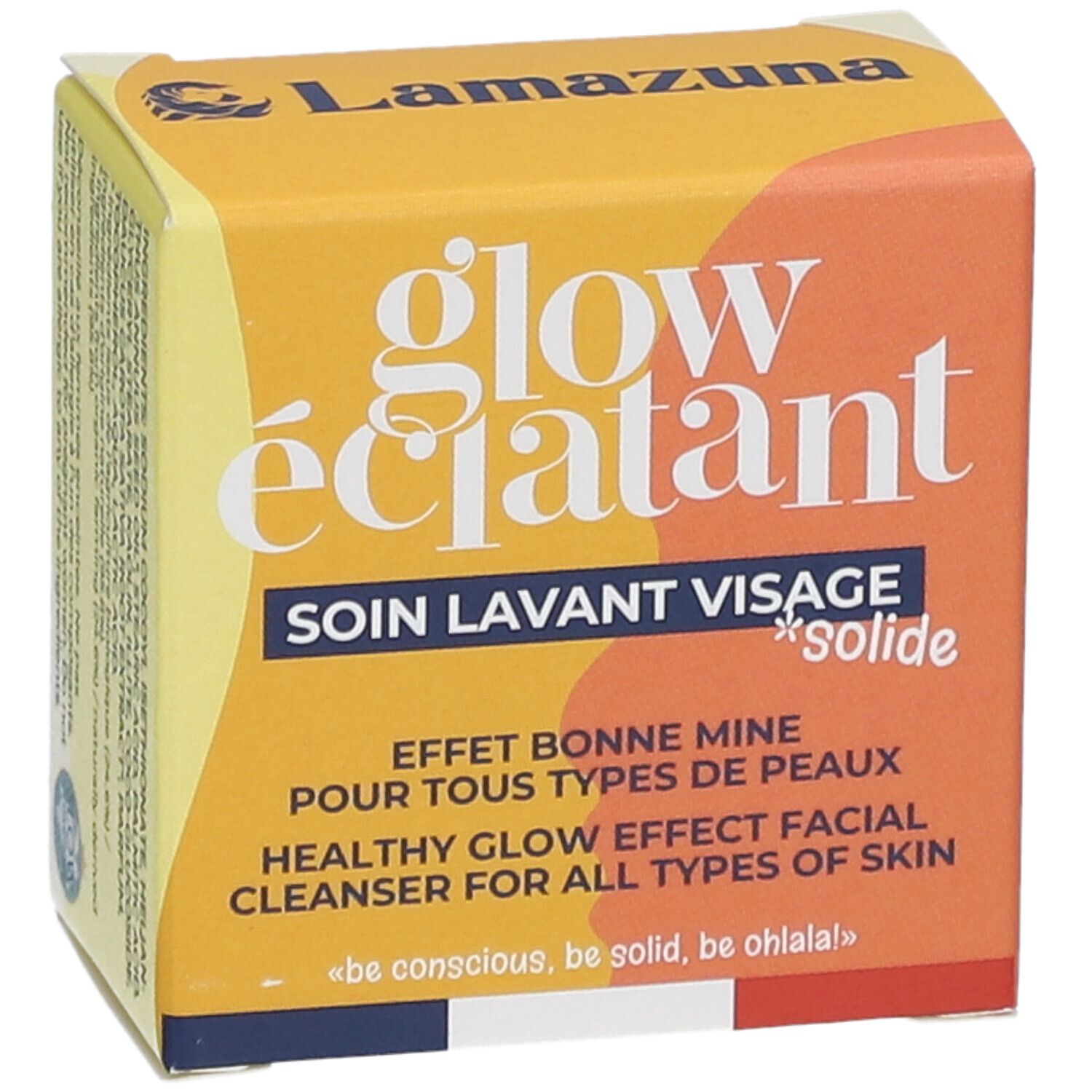 Gele doos met "glow éclatant" en "Soin Lavant Visage Solide". Tekst: "Effet bonne mine". 