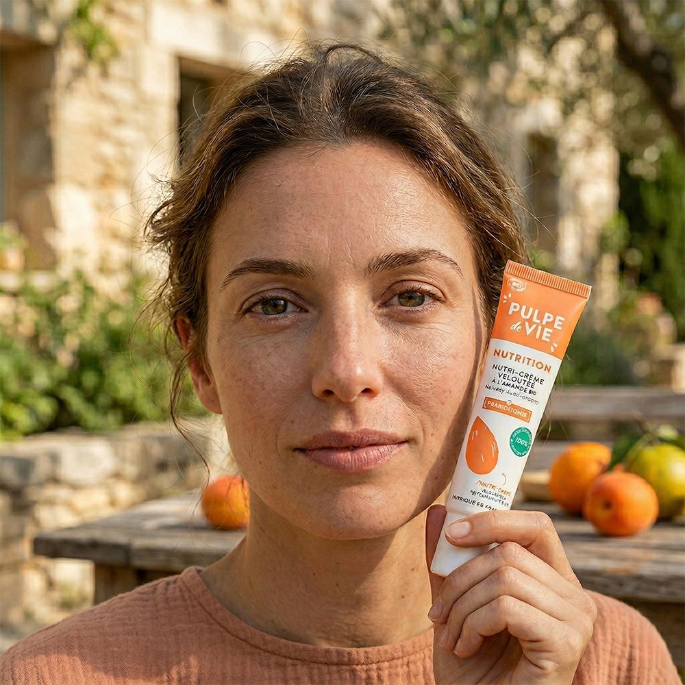 Vrouw houdt een crèmetube vast. Opschrift PULPE de VIE. Achtergrond: fruit en stenen huizen.