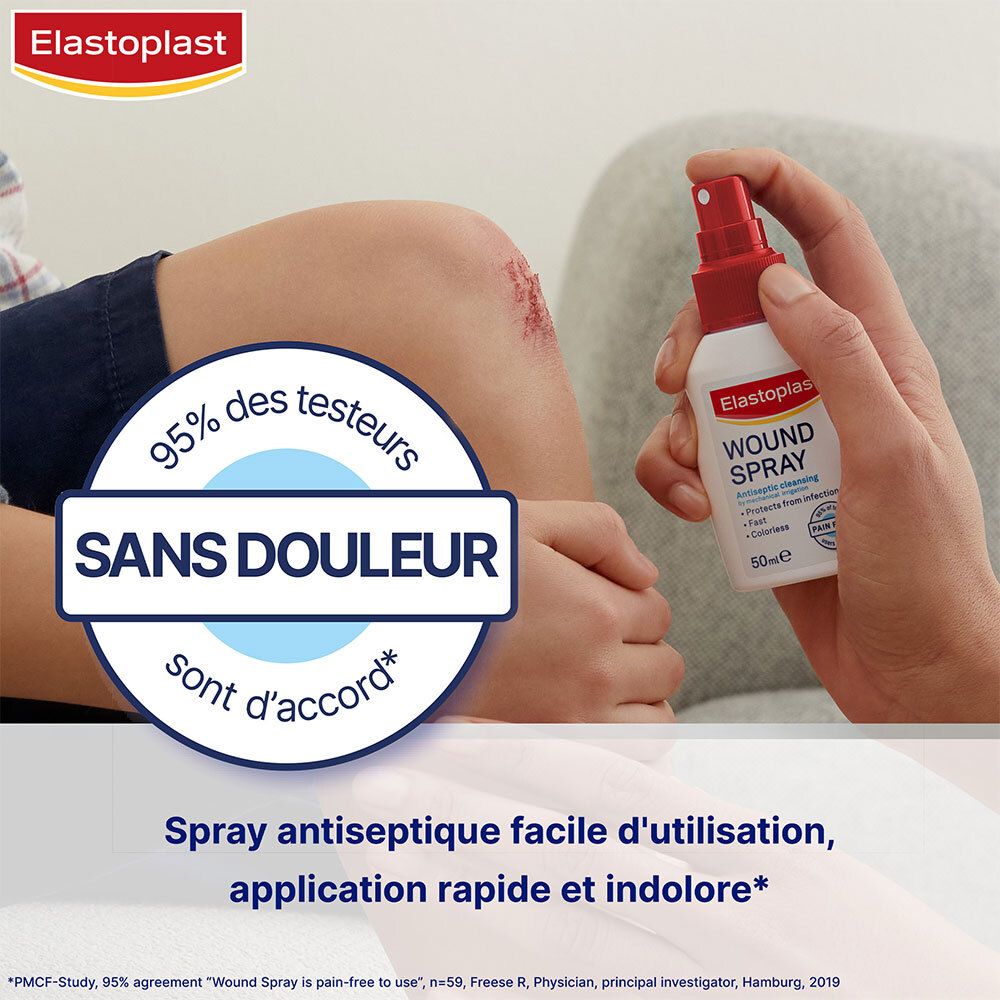 Persoon spuit spray op een wond op de knie. Tekst: 95% van de testers is het eens, pijnloos, snelle toepassing.