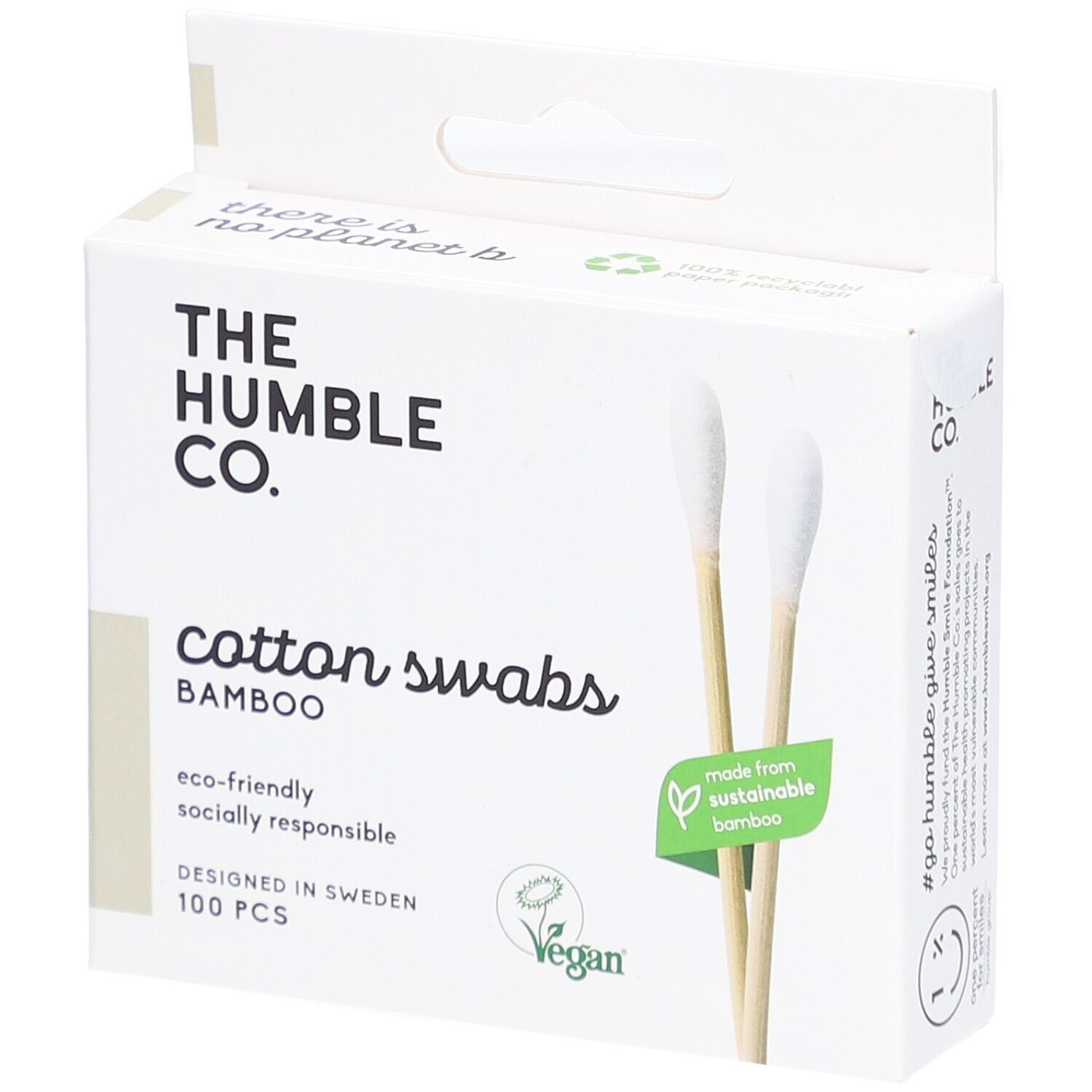 Witte kartonnen doos met bamboe wattenstaafjes. Opschrift: The Humble Co., Cotton Swabs, Bamboo, 100 stuks.