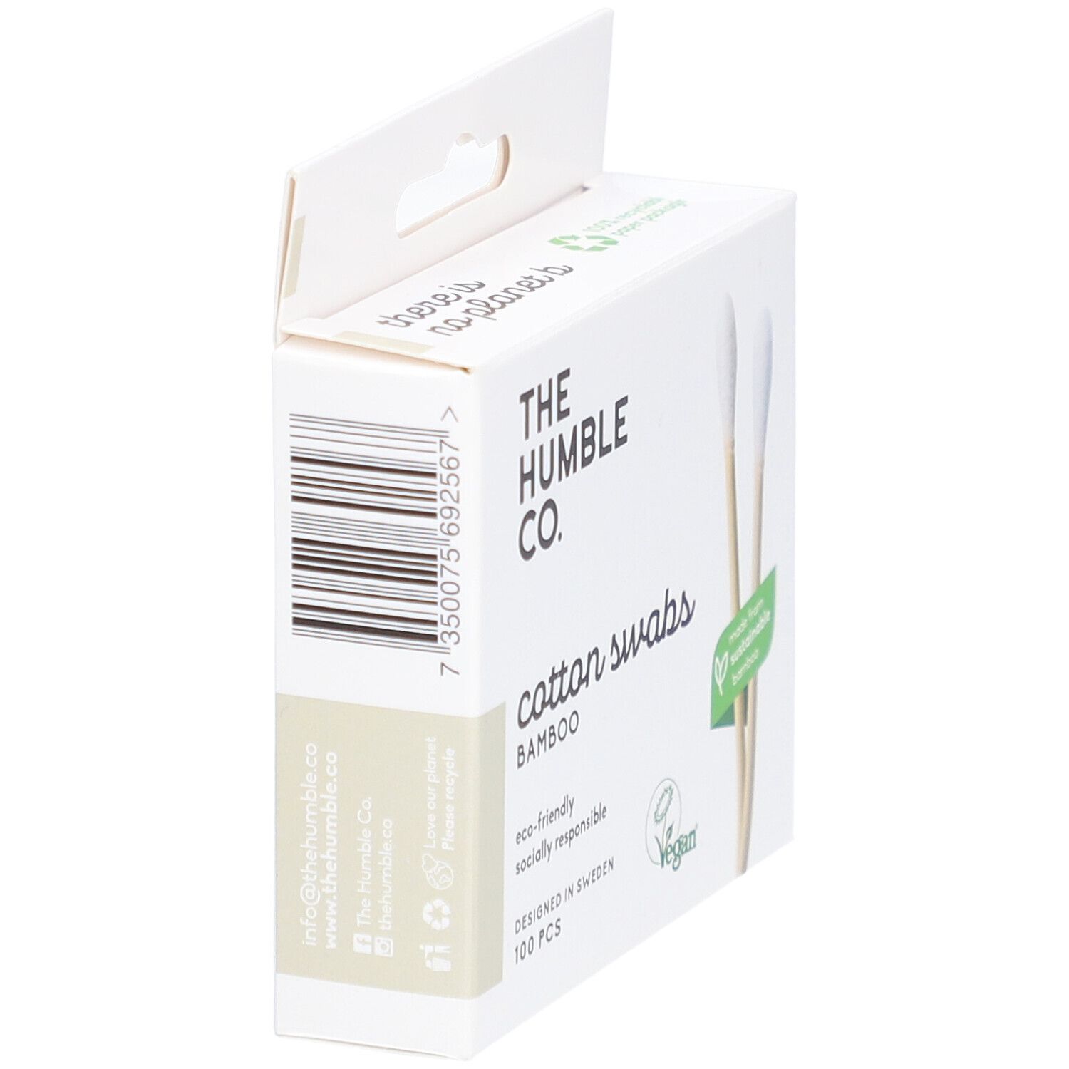 Witte kartonnen doos met bamboe wattenstaafjes. Opschrift: The Humble Co., Cotton Swabs, Bamboo, 100 stuks. Streepjescode.