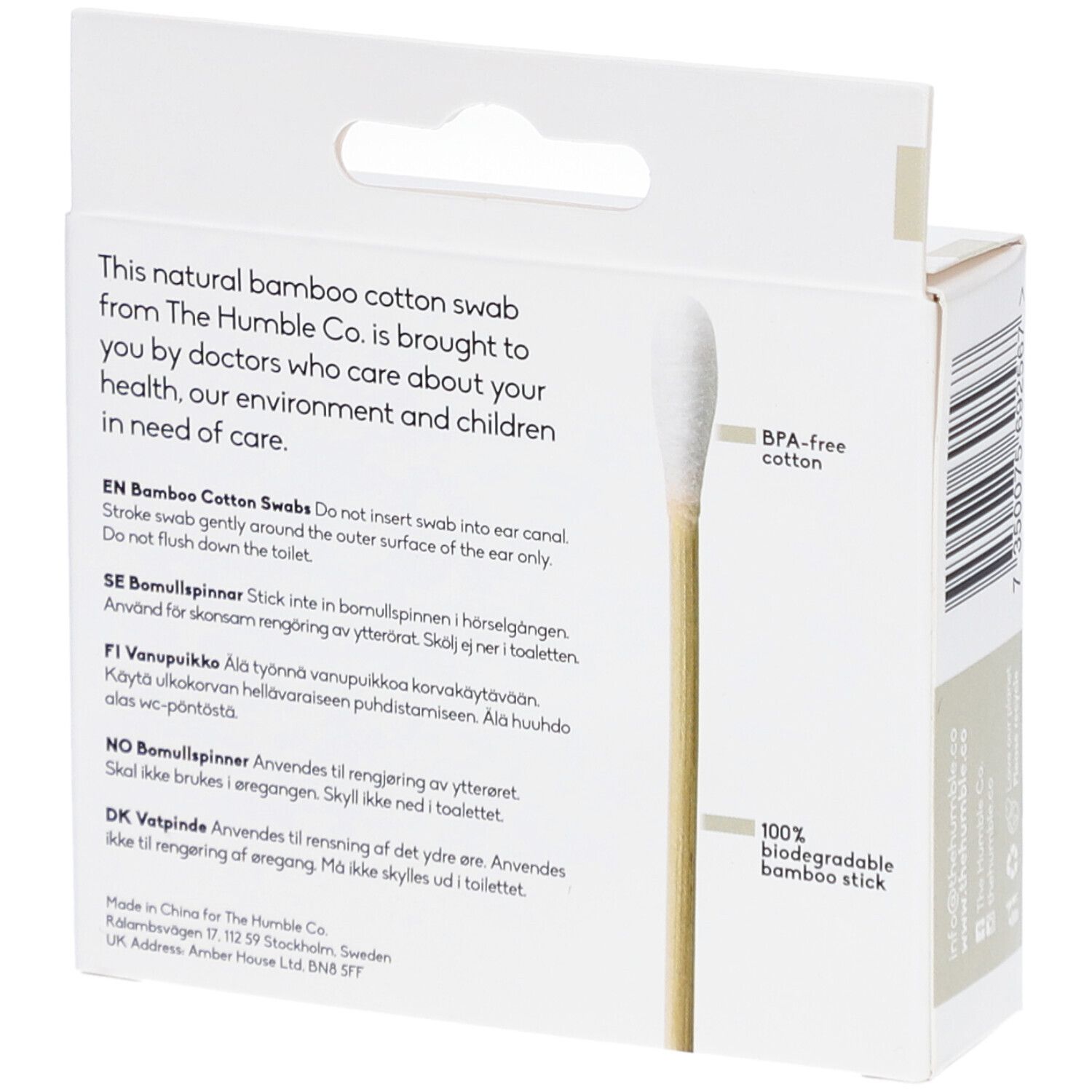 Achterkant van de witte kartonnen doos met bamboe wattenstaafjes. Meertalige tekst. Opschriften: BPA-vrij, 100% biologisch afbreekbaar.