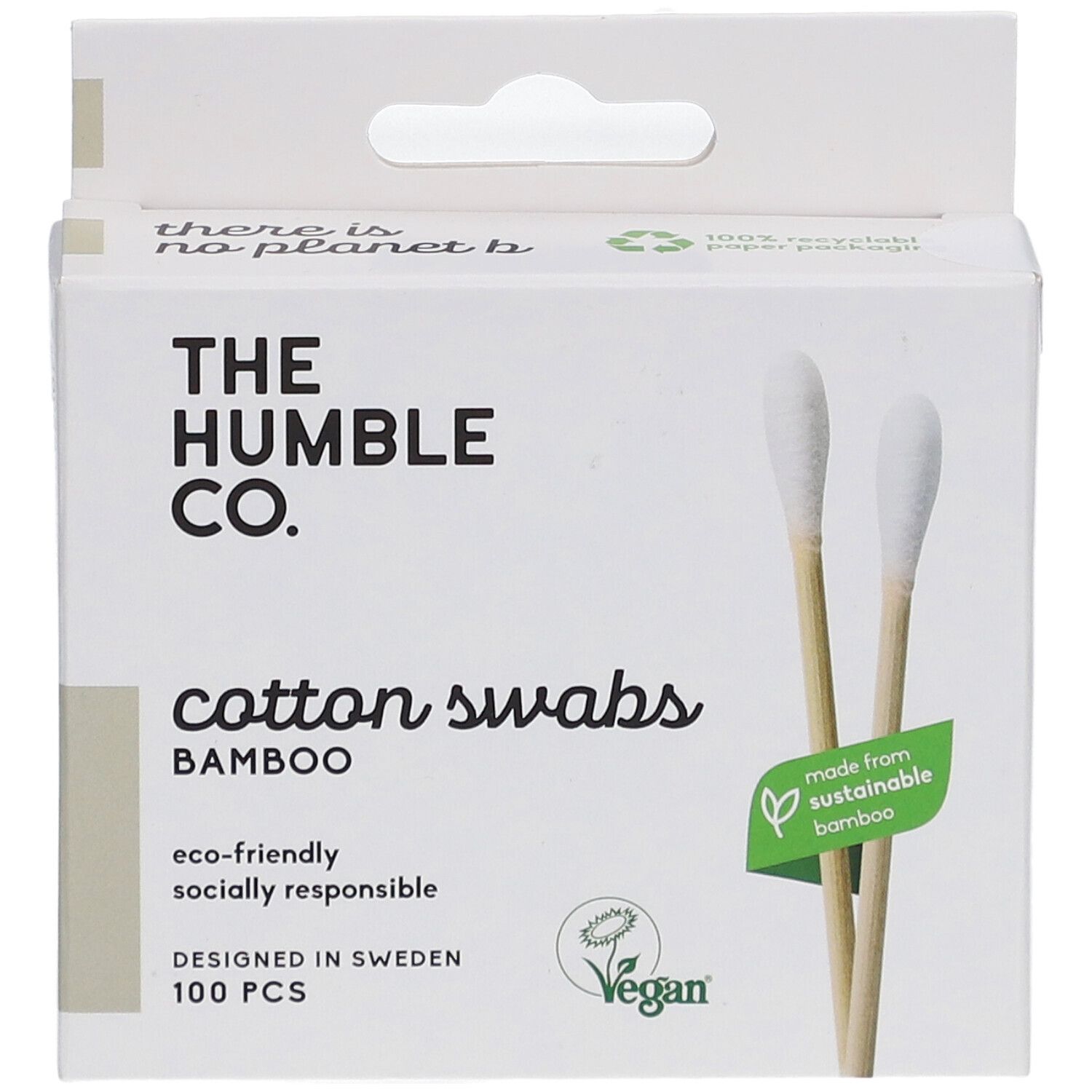 Witte kartonnen doos met bamboe wattenstaafjes. Opschrift: The Humble Co., Cotton Swabs, Bamboo, 100 stuks. Zichtbare wattenstaafjes.