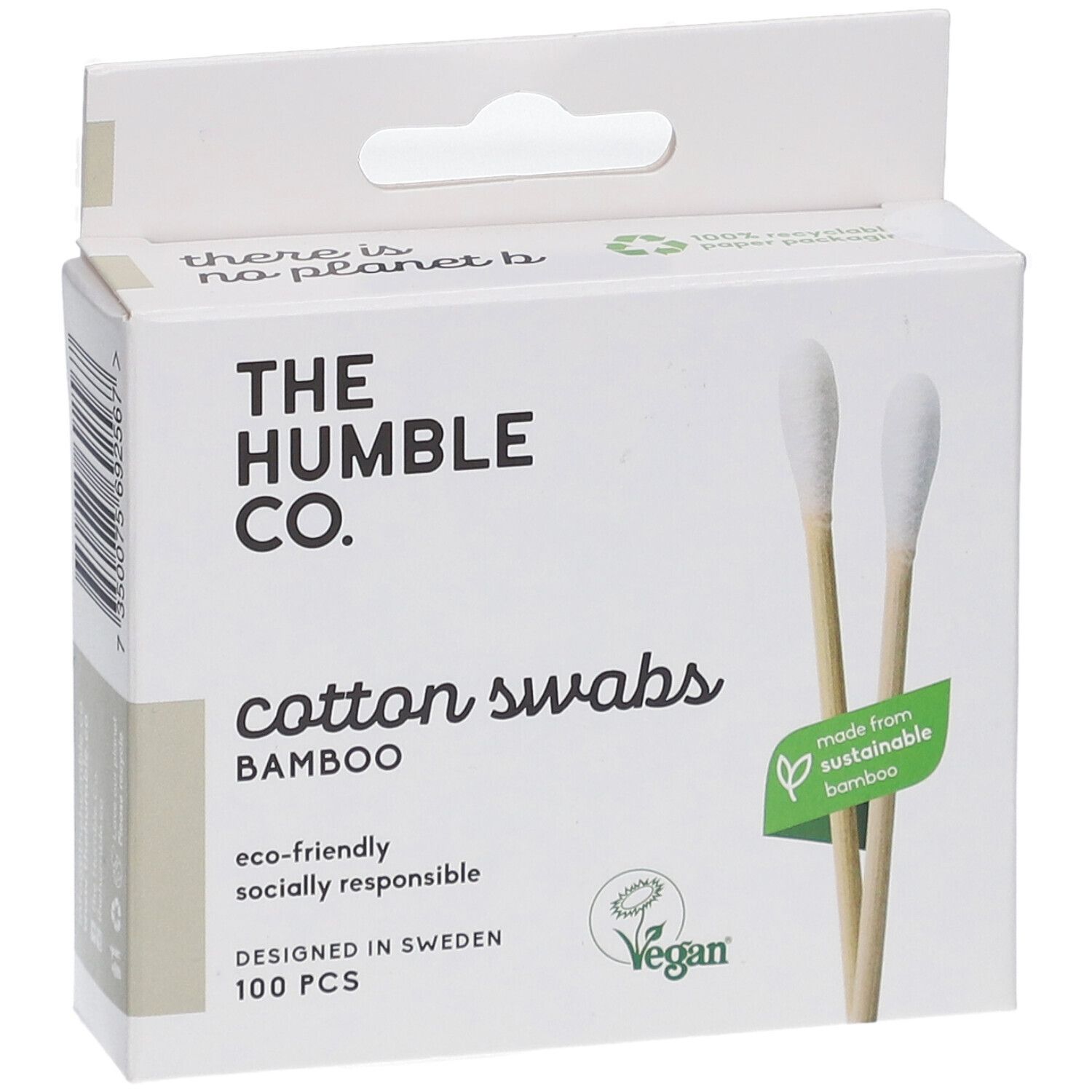 Witte kartonnen doos met bamboe wattenstaafjes. Opschrift: The Humble Co., Cotton Swabs, Bamboo, 100 stuks. Groen logo.