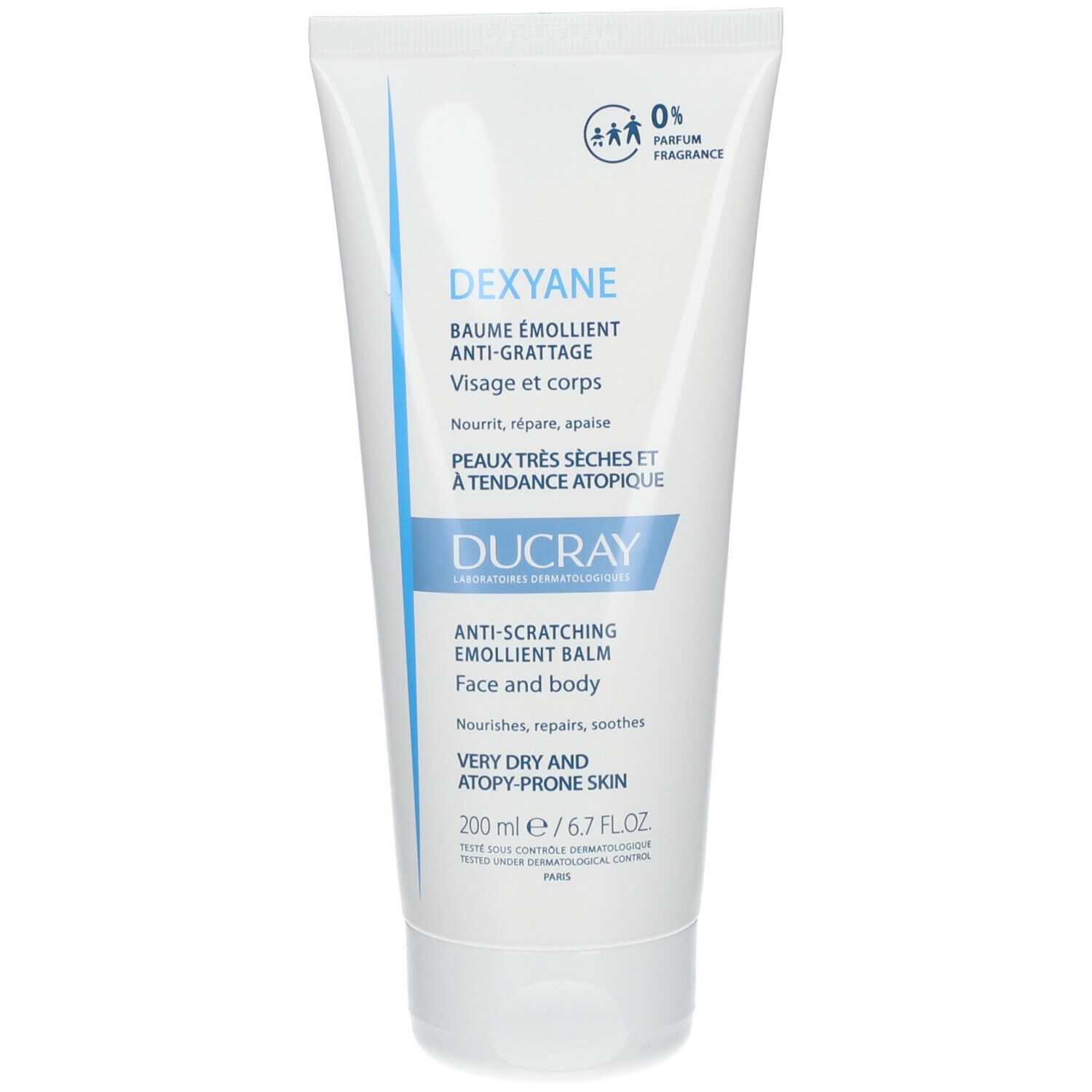 Tube blanc avec texte bleu. Contient DEXYANE Baume. Pour visage et corps. 200 ml.