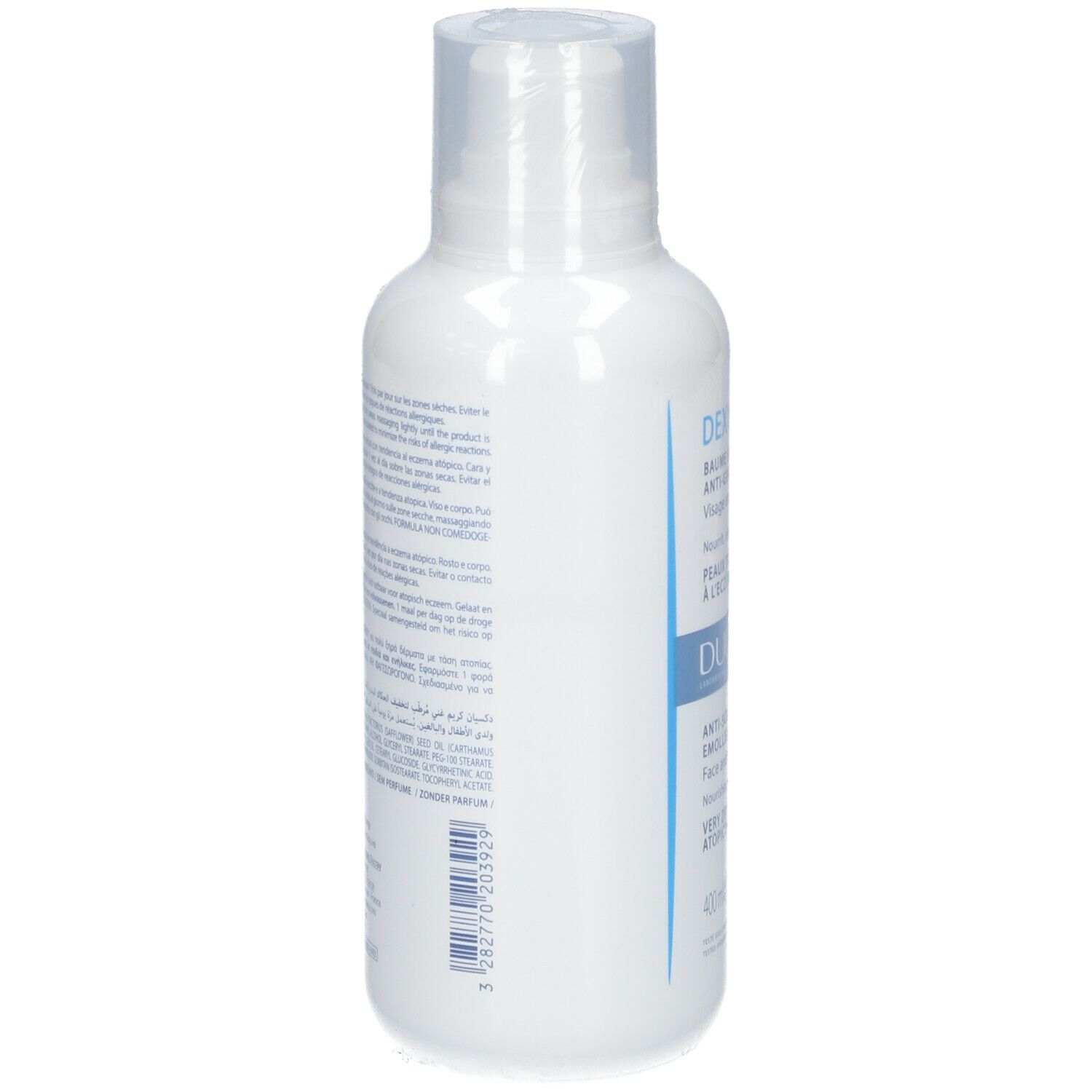 Dos du flacon blanc DUCRAY DEXYANE Baume. Texte multilingue. Informations fabricant.