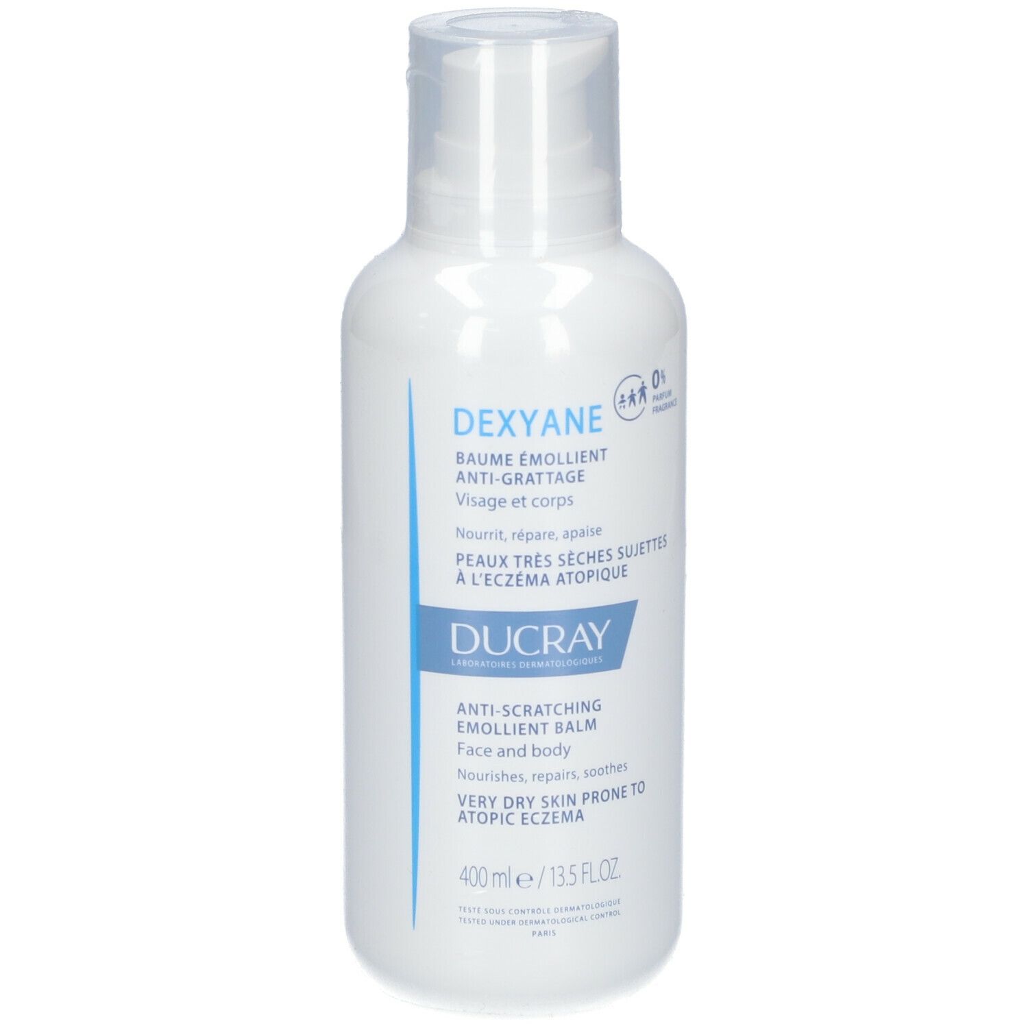 Flacon blanc DUCRAY DEXYANE Baume. Anti-grattage, visage et corps, pour peaux très sèches sujettes à l'eczéma atopique.