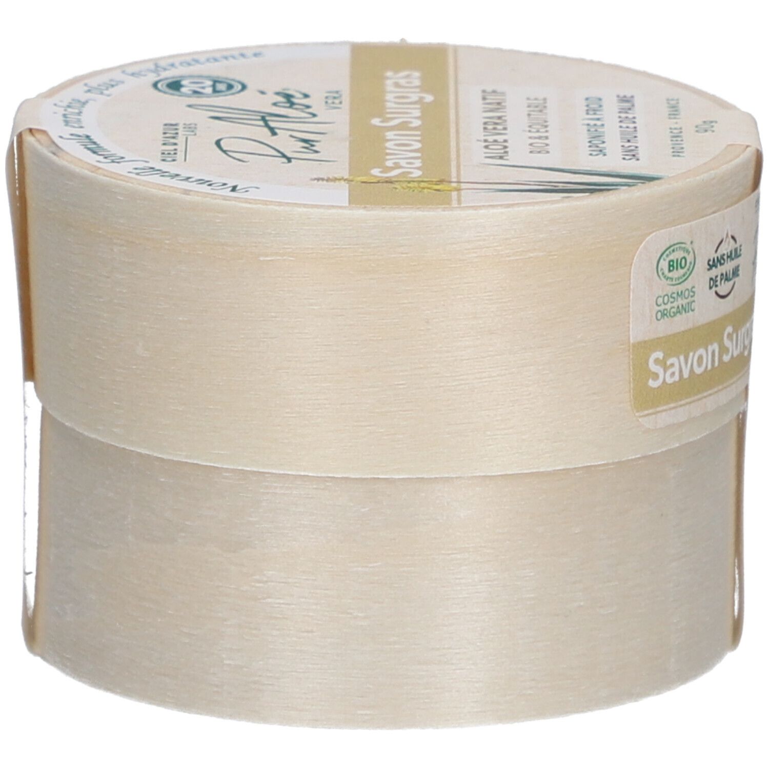 Ronde doos met "Savon Surgras". Label "PurAloé" en bio-logo. Zijaanzicht. Tekst: "Nouvelle formule, enrichie, plus hydratante".