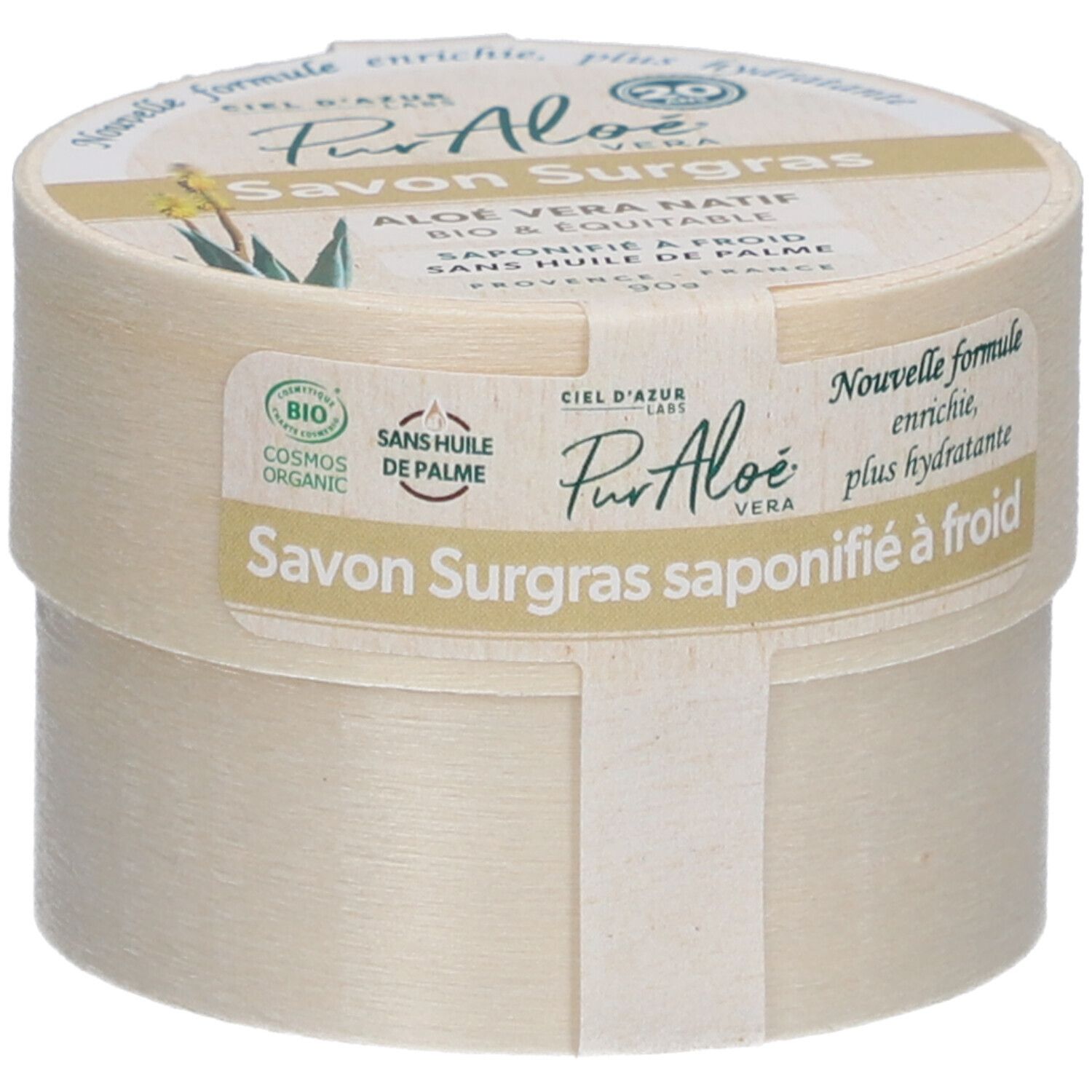 Ronde doos met "Savon Surgras". Label "PurAloé" en bio-logo. Tekst: "Nouvelle formule, enrichie, plus hydratante".