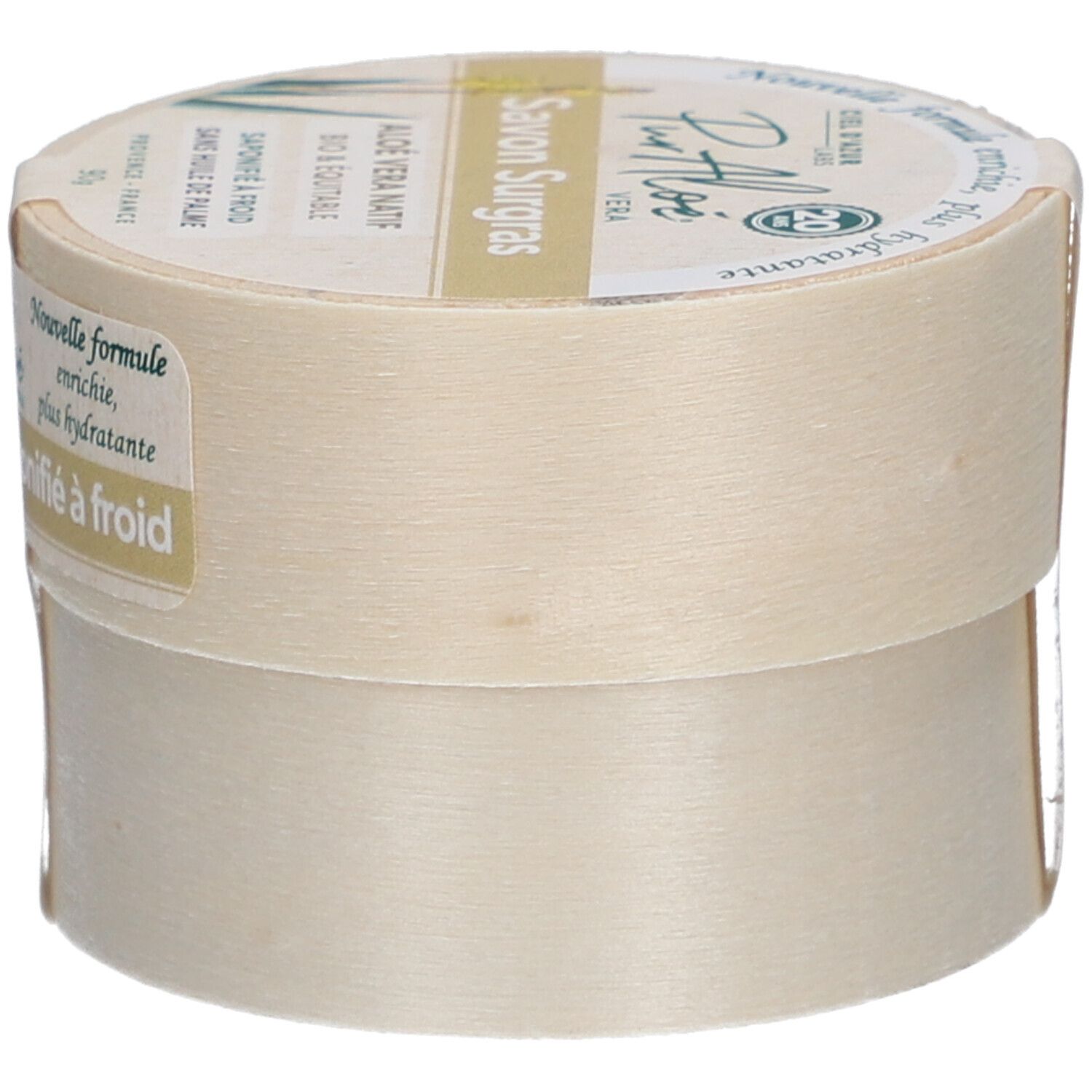 Ronde doos met "Savon Surgras". Label "PurAloé" en bio-logo. Tekst: "Nouvelle formule, enrichie, plus hydratante".