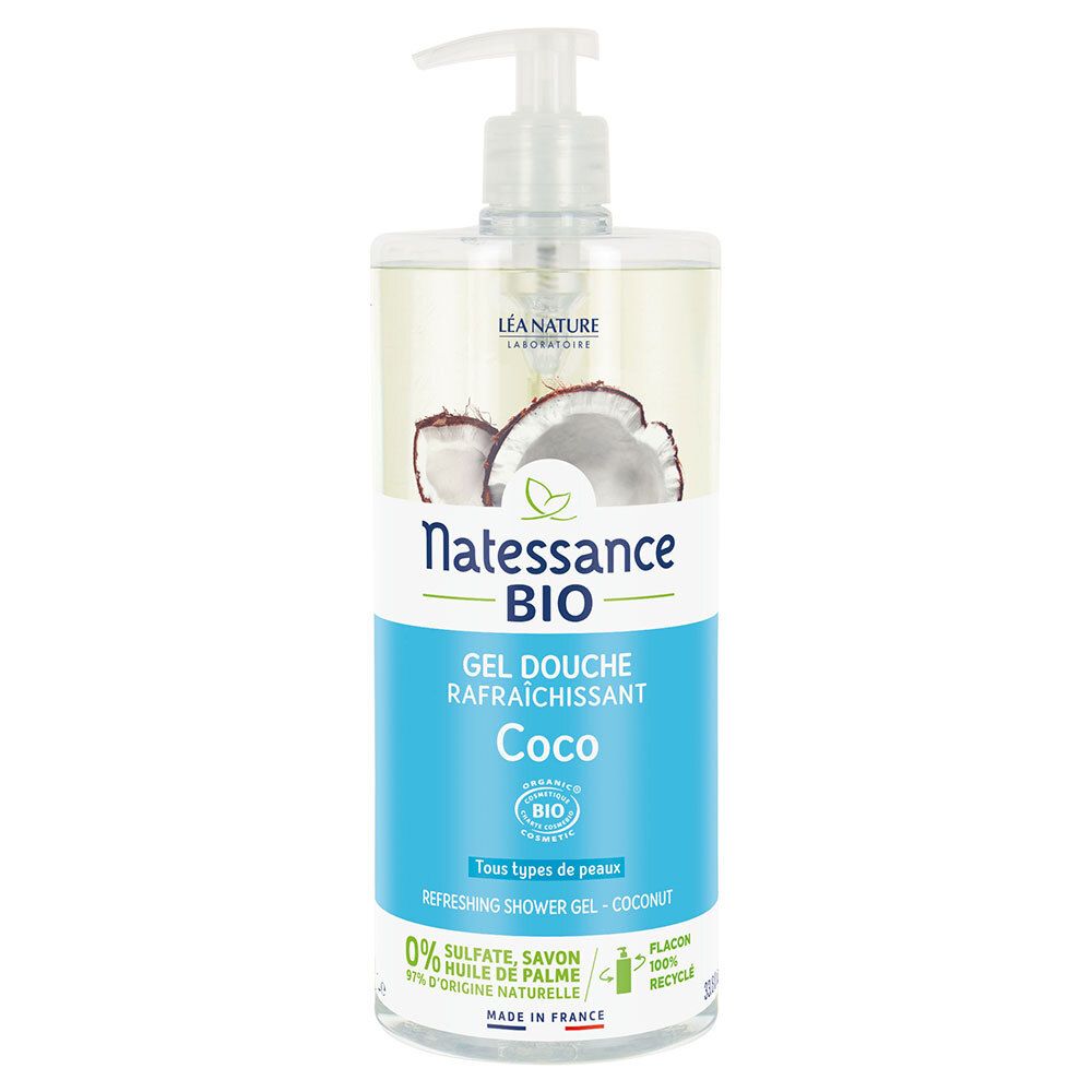 Transparante fles met pomp. Natessance BIO douchegel, Coco. Bio-certificering. Kokosnoot illustratie.