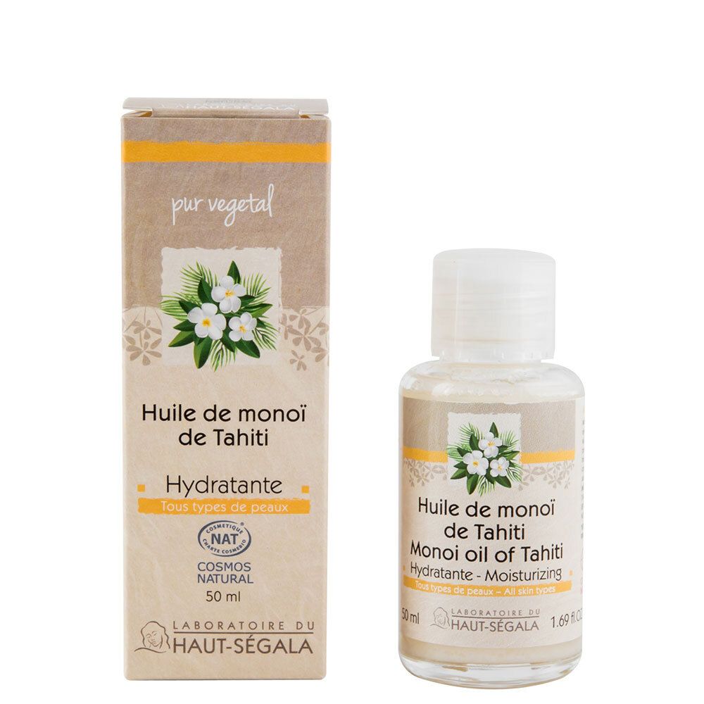 Fles en verpakking. Opschrift: Huile de monoï de Tahiti, Hydratante, Cosmos Natural. Merk: Laboratoire du Haut-Ségala.