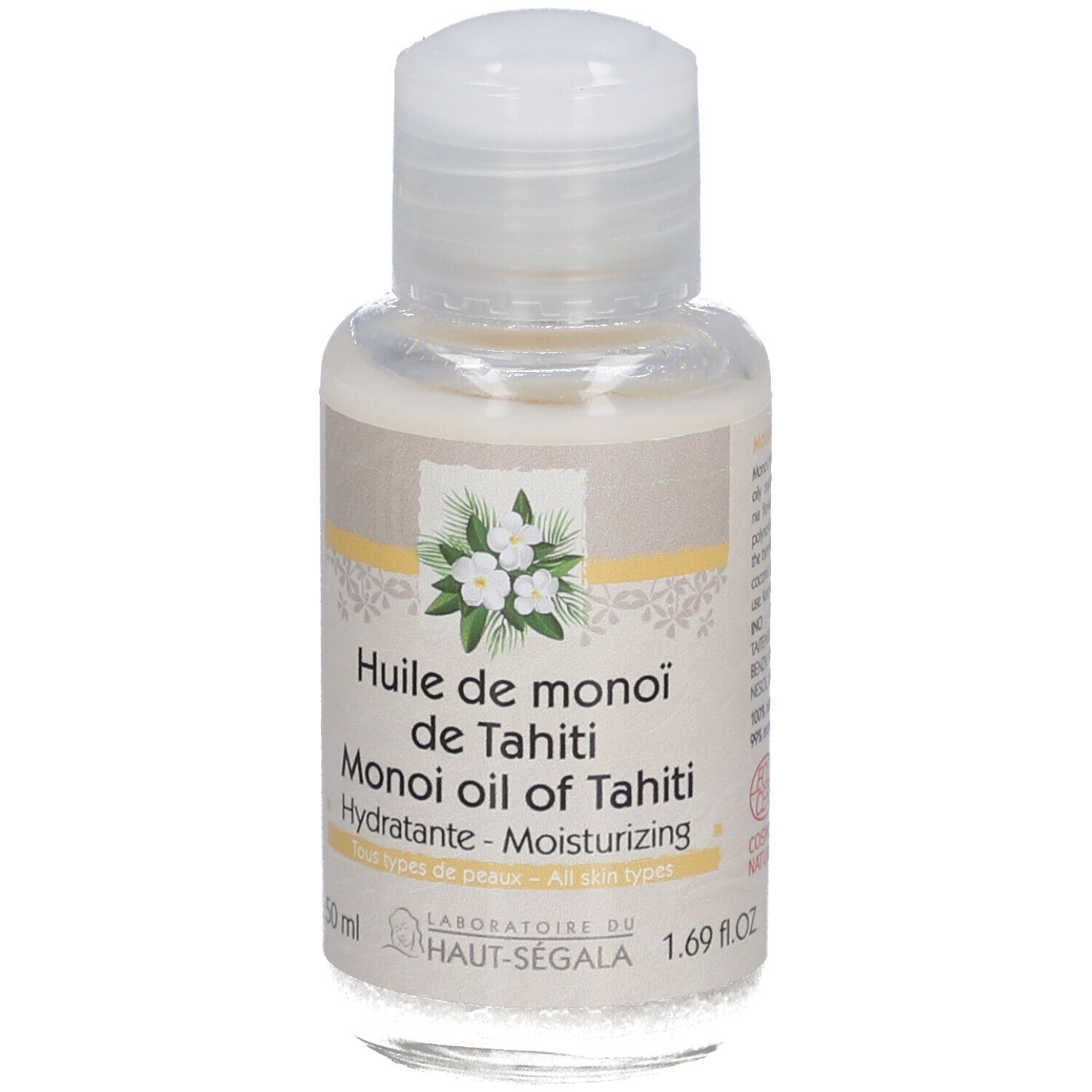 Kleine fles met witte dop. Opschrift: Huile de monoï de Tahiti, Hydratante, All skin types. Merk: Laboratoire du Haut-Ségala.