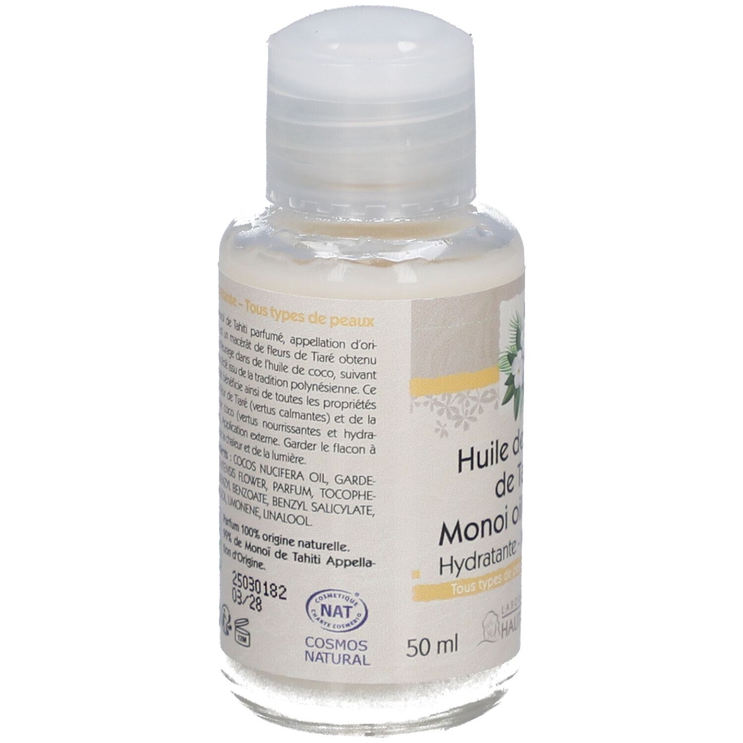 Kleine fles met witte dop. Opschrift: Huile de monoï de Tahiti, Hydratante, All skin types. Merk: Laboratoire du Haut-Ségala.