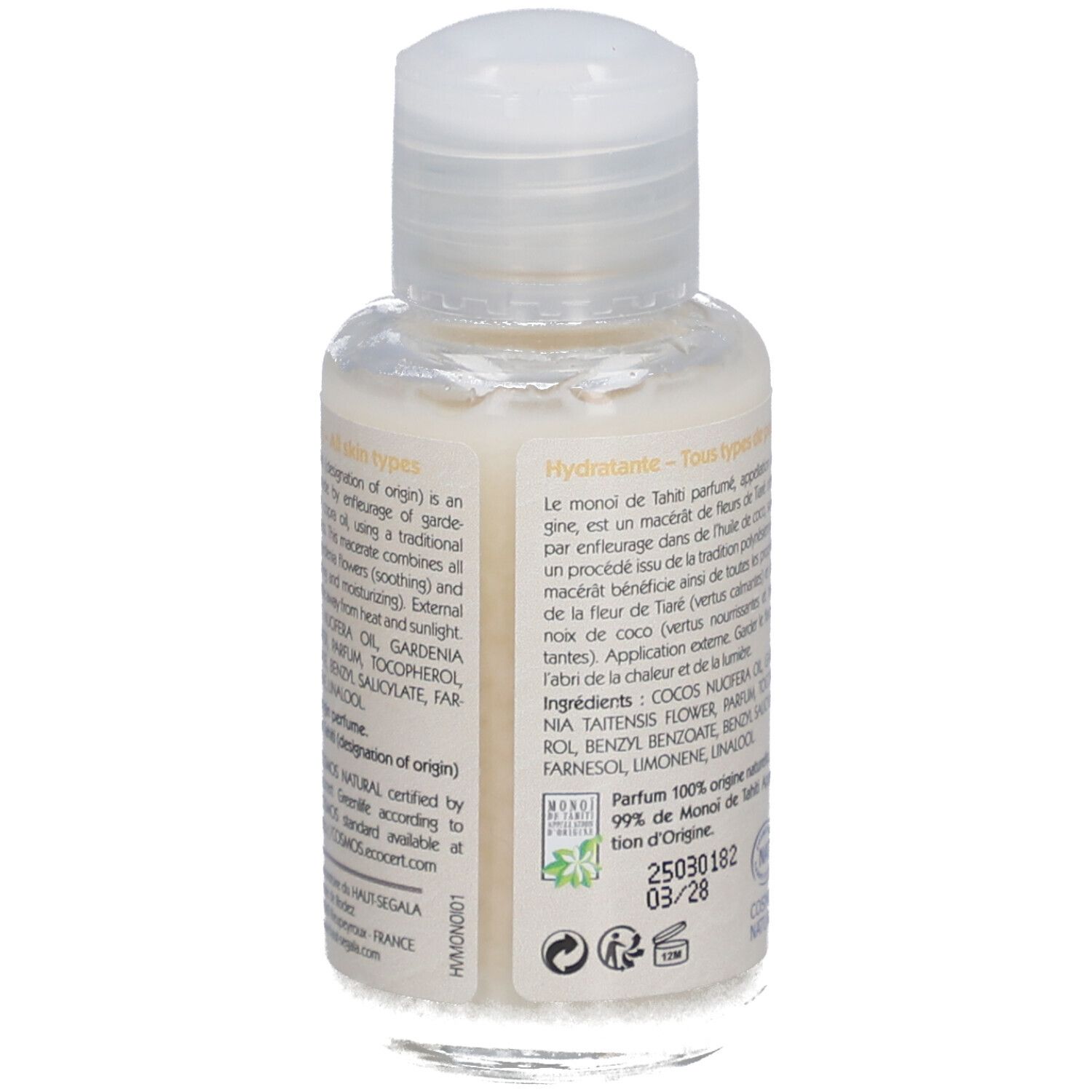 Kleine fles met witte dop. Opschrift: Huile de monoï de Tahiti, Hydratante, All skin types. Merk: Laboratoire du Haut-Ségala.