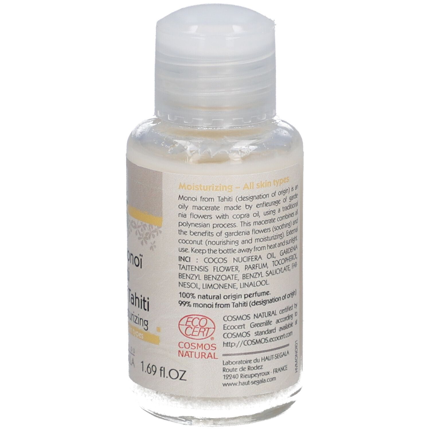 Kleine fles met witte dop. Opschrift: Huile de monoï de Tahiti, Hydratante, All skin types. Merk: Laboratoire du Haut-Ségala.
