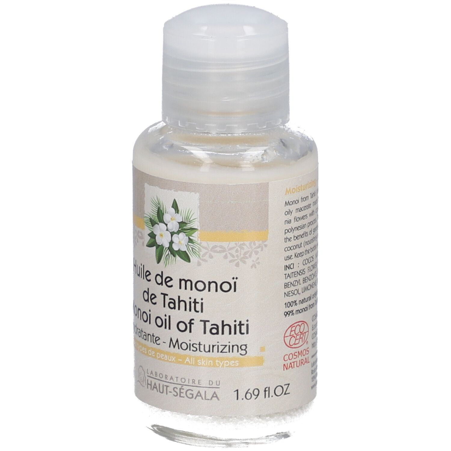 Kleine fles met witte dop. Opschrift: Huile de monoï de Tahiti, Hydratante, All skin types. Merk: Laboratoire du Haut-Ségala.