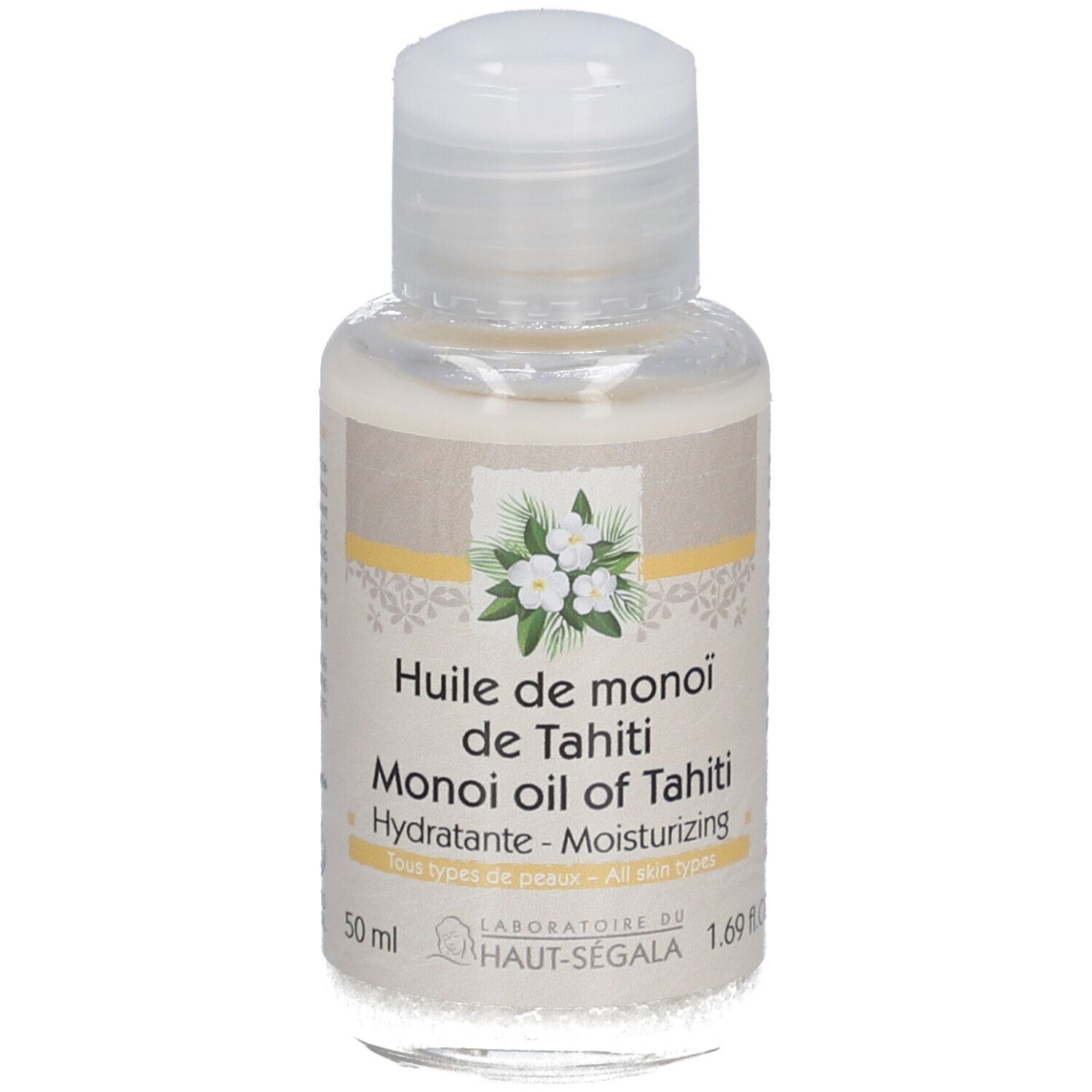 Kleine fles met witte dop. Opschrift: Huile de monoï de Tahiti, Hydratante, All skin types. Merk: Laboratoire du Haut-Ségala.