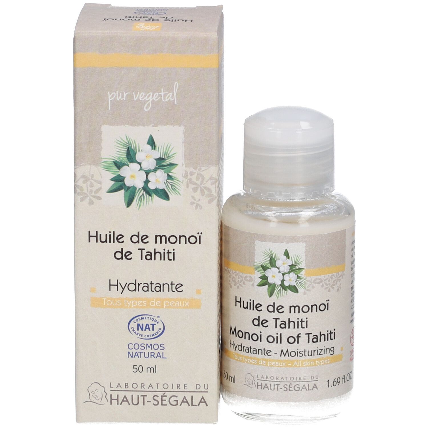 Fles en verpakking. Opschrift: Huile de monoï de Tahiti, Hydratante, Cosmos Natural. Merk: Laboratoire du Haut-Ségala.