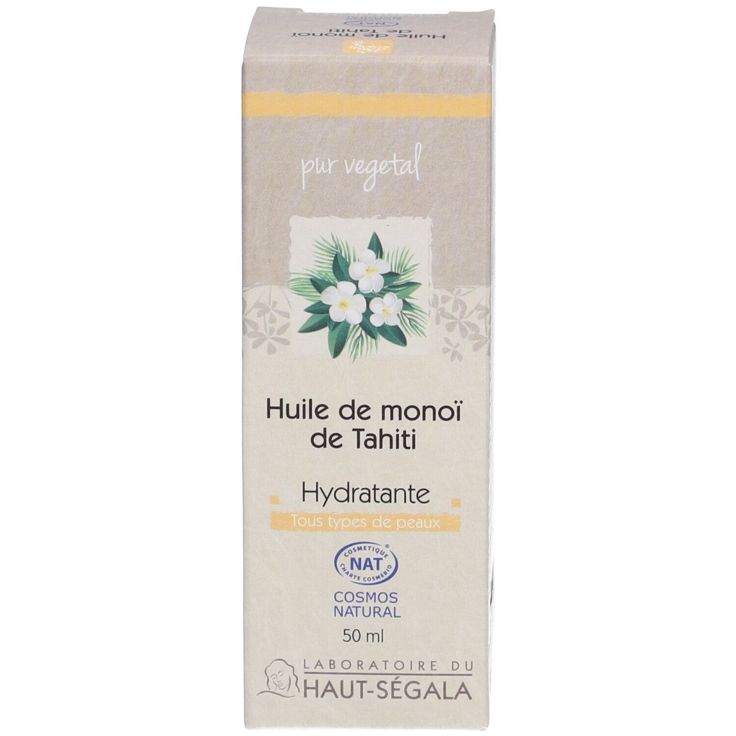 Verpakking. Opschrift: Huile de monoï de Tahiti, Hydratante, Cosmos Natural. Merk: Laboratoire du Haut-Ségala.