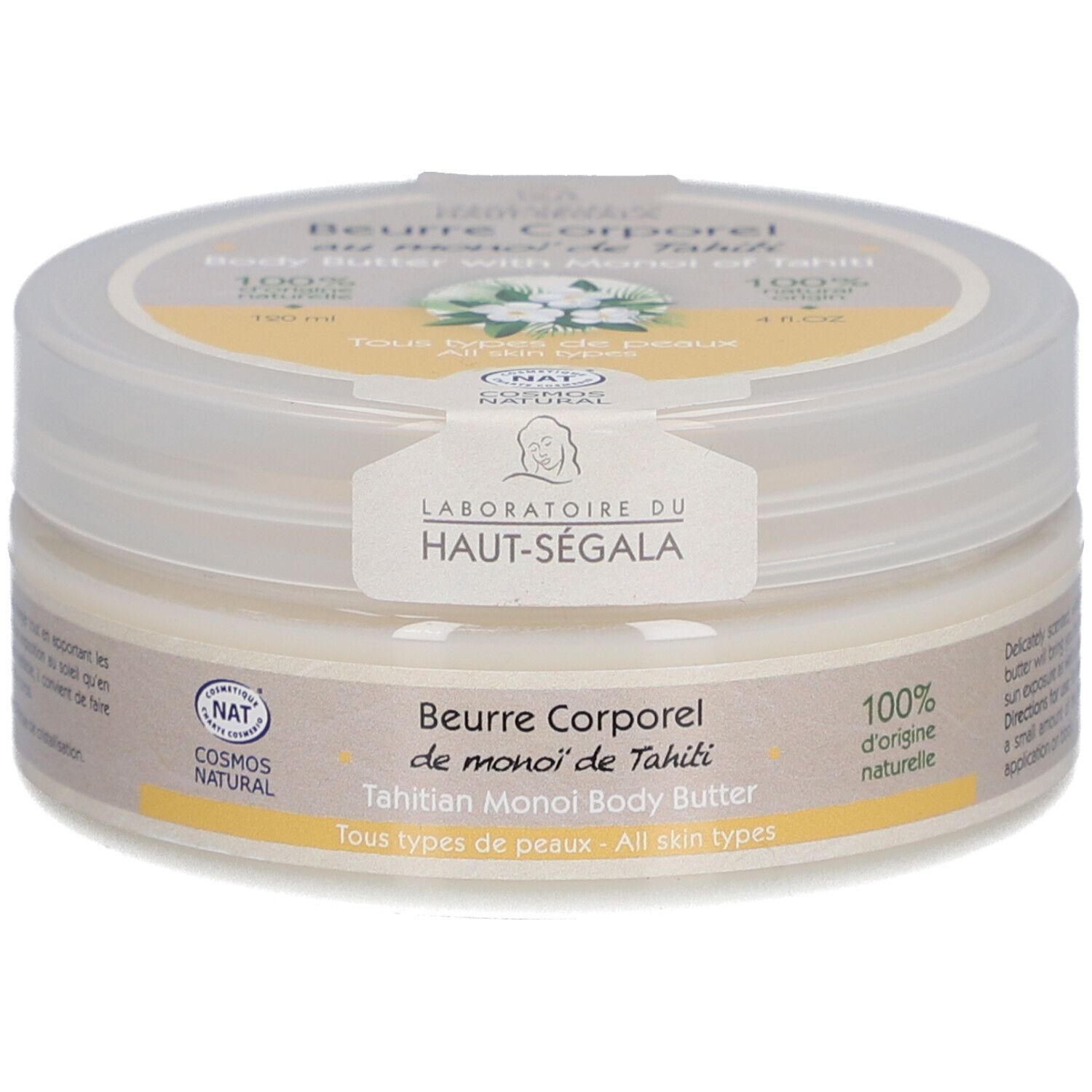 Crèmepot met deksel. Opschrift: Beurre Corporel de Monoï de Tahiti. Merk: Laboratoire du Haut-Ségala. Cosmos Natural certificering.
