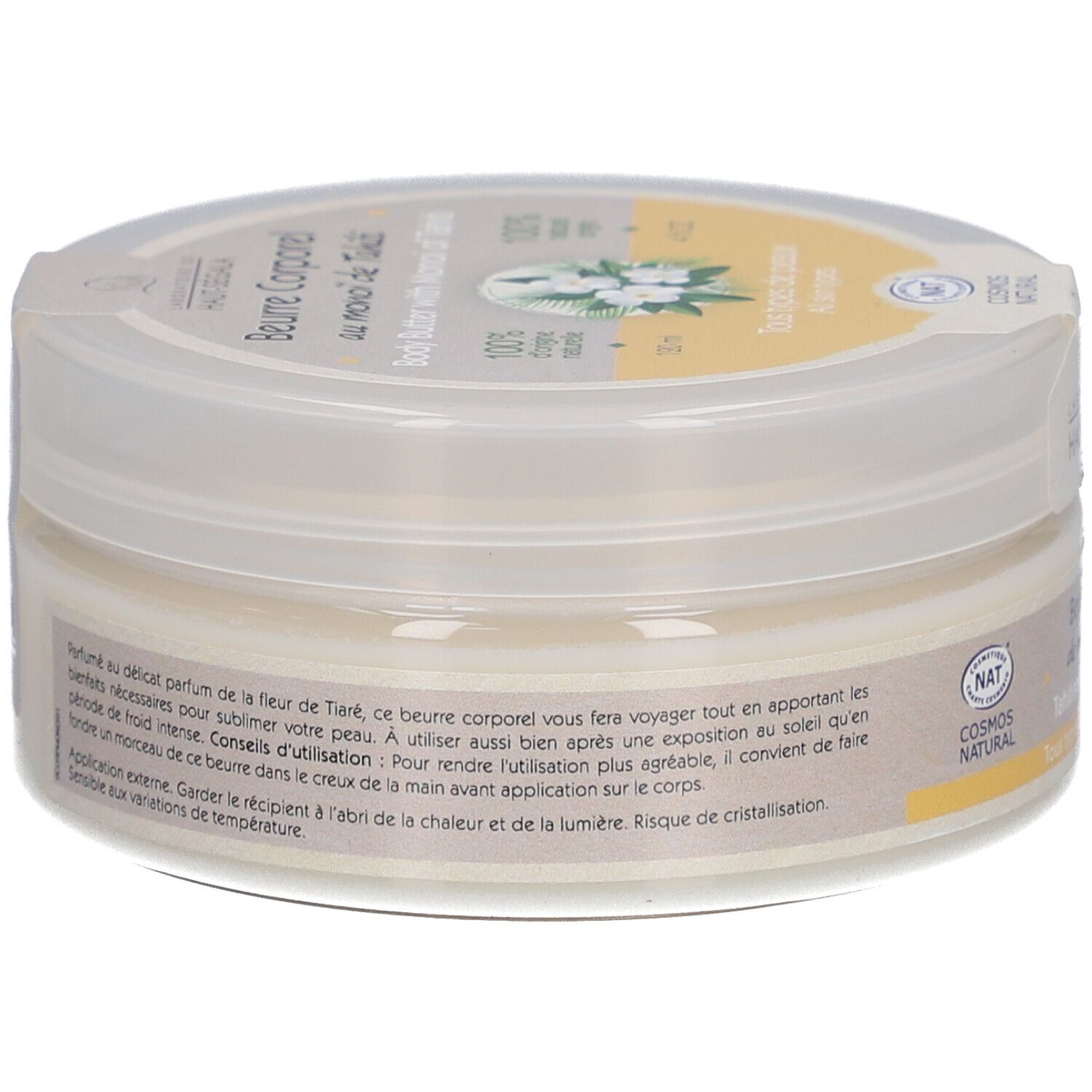 Crèmepot, zijaanzicht. Tekst: Gebruiksaanwijzing, voorzorgsmaatregelen. Cosmos Natural certificering. Productnaam en merk zichtbaar.