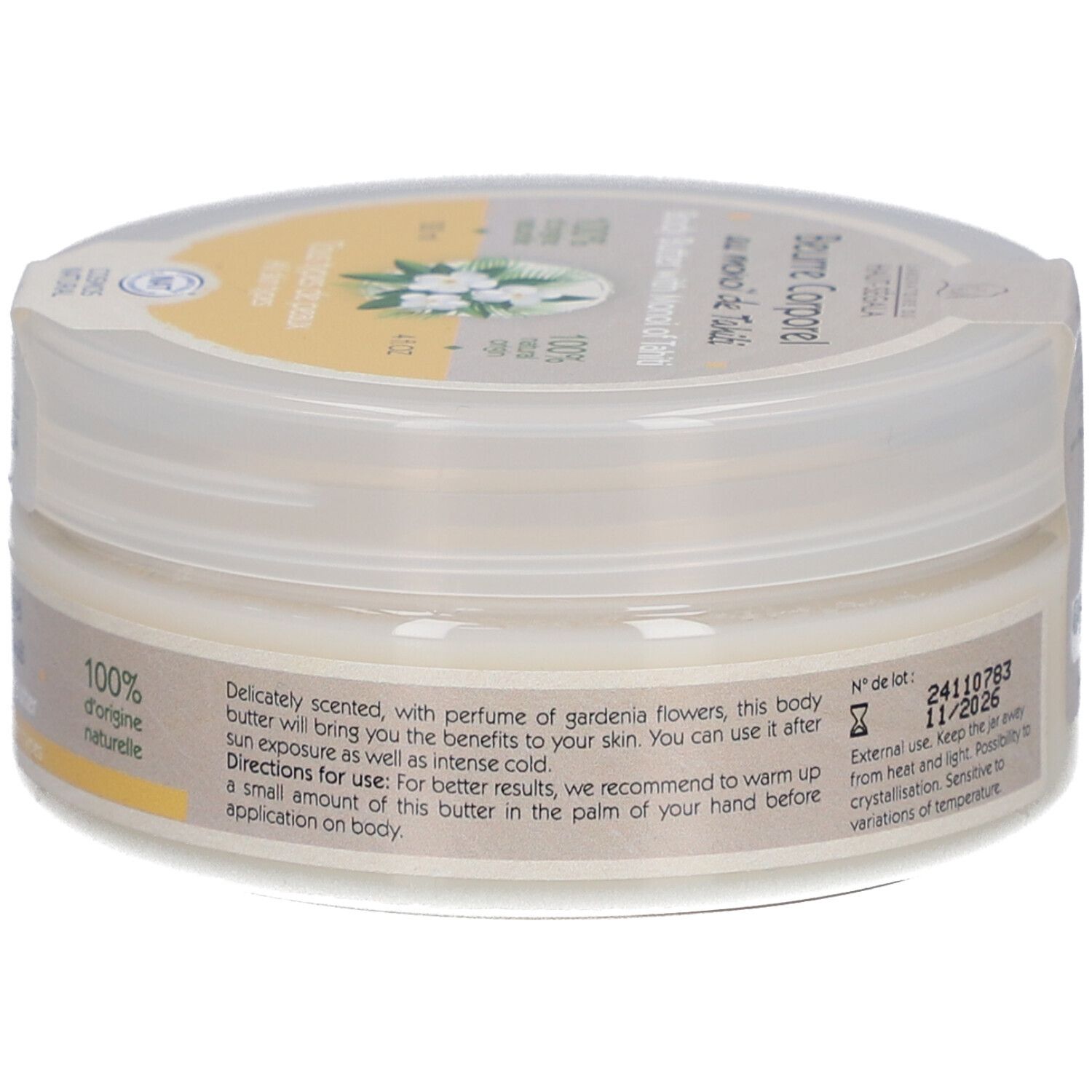 Crèmepot, zijaanzicht. Tekst: Gebruiksaanwijzing, houdbaarheidsdatum. 100% d'origine naturelle. Merk en productnaam zichtbaar.