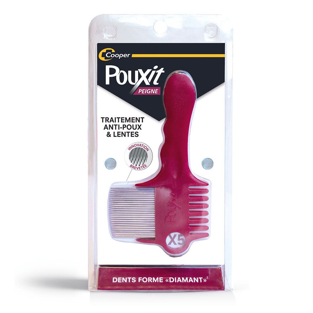 Rode PouXit luizenkam in blisterverpakking. Ergonomische handgreep, fijne tanden. Tekst: « Traitement anti-poux & lentes ».