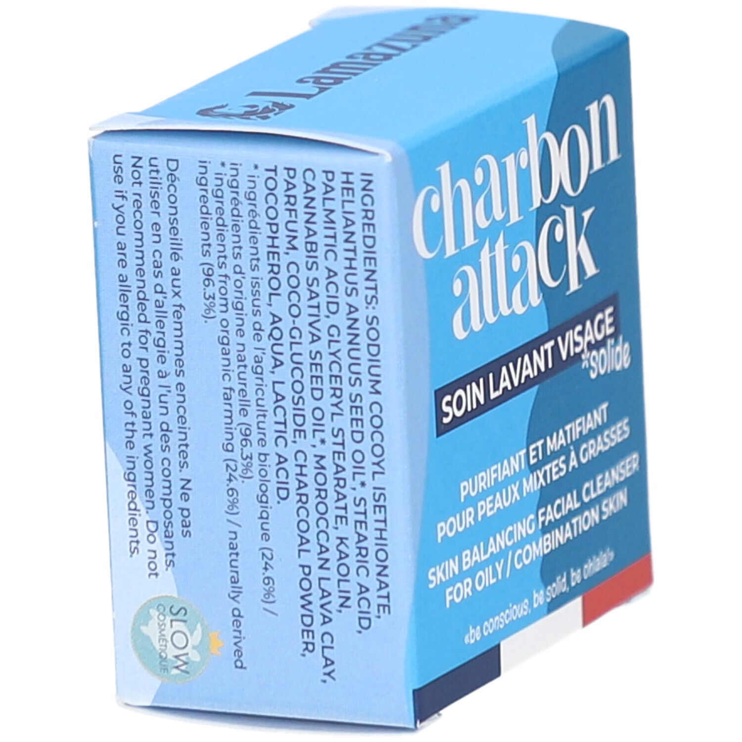 Boîte bleue avec ingrédients et texte. Texte en français et anglais. Logo "SLOW COSMETIQUE" visible.