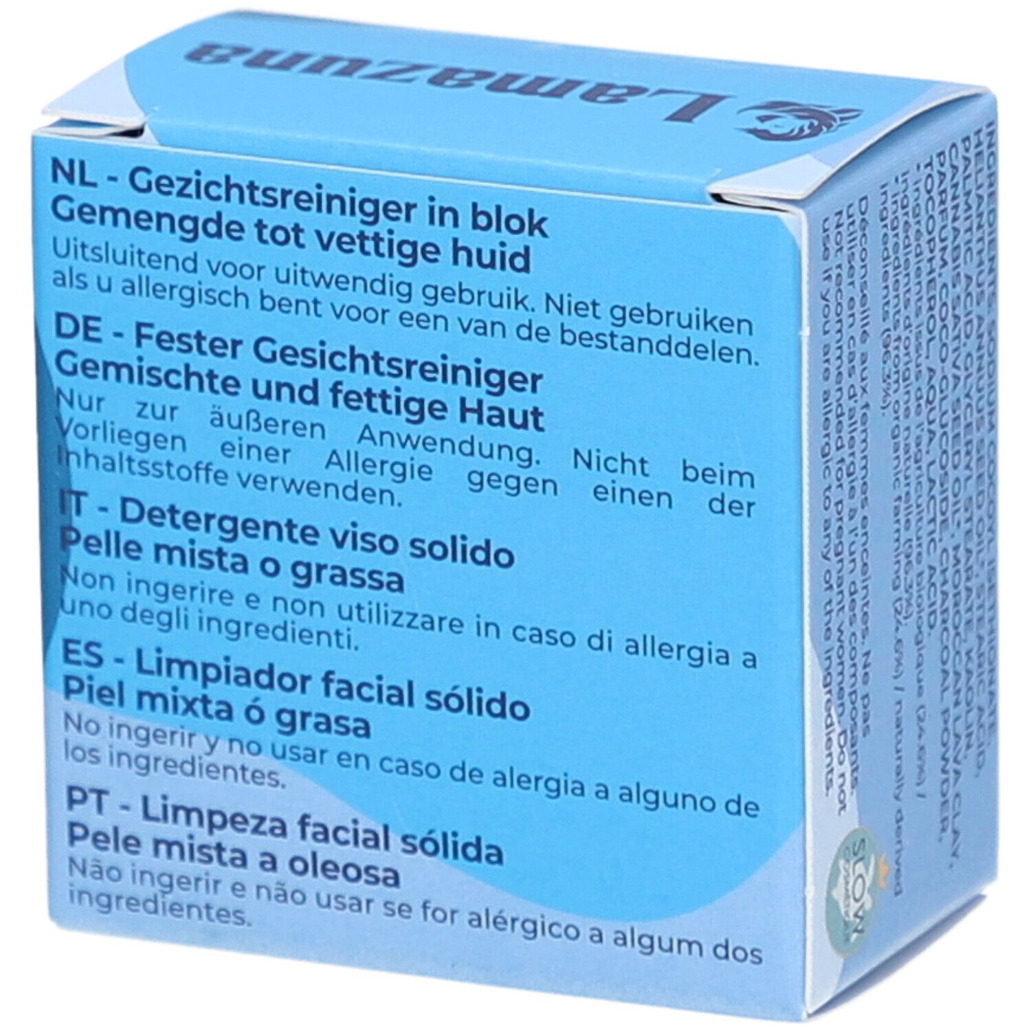 Boîte bleue avec texte en allemand, néerlandais, italien, espagnol et portugais. Logo de la marque visible.