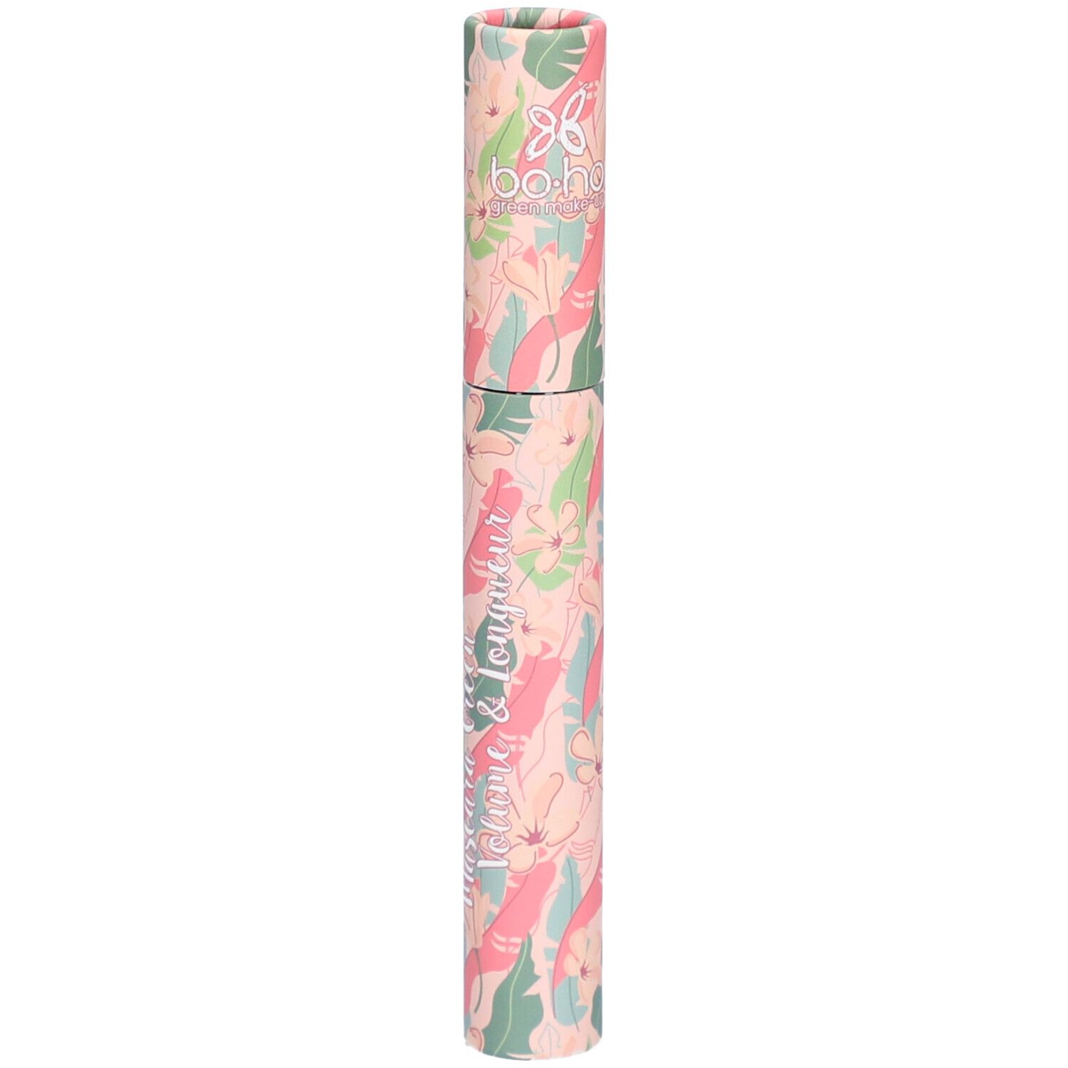 Tube de mascara cylindrique à motifs floraux. Inscription: BOHO, Mascara Volume & Longueur.