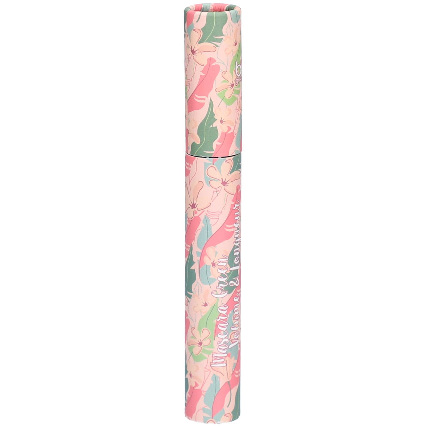 Tube de mascara cylindrique à motifs floraux. Inscription: BOHO, Mascara Volume & Longueur.