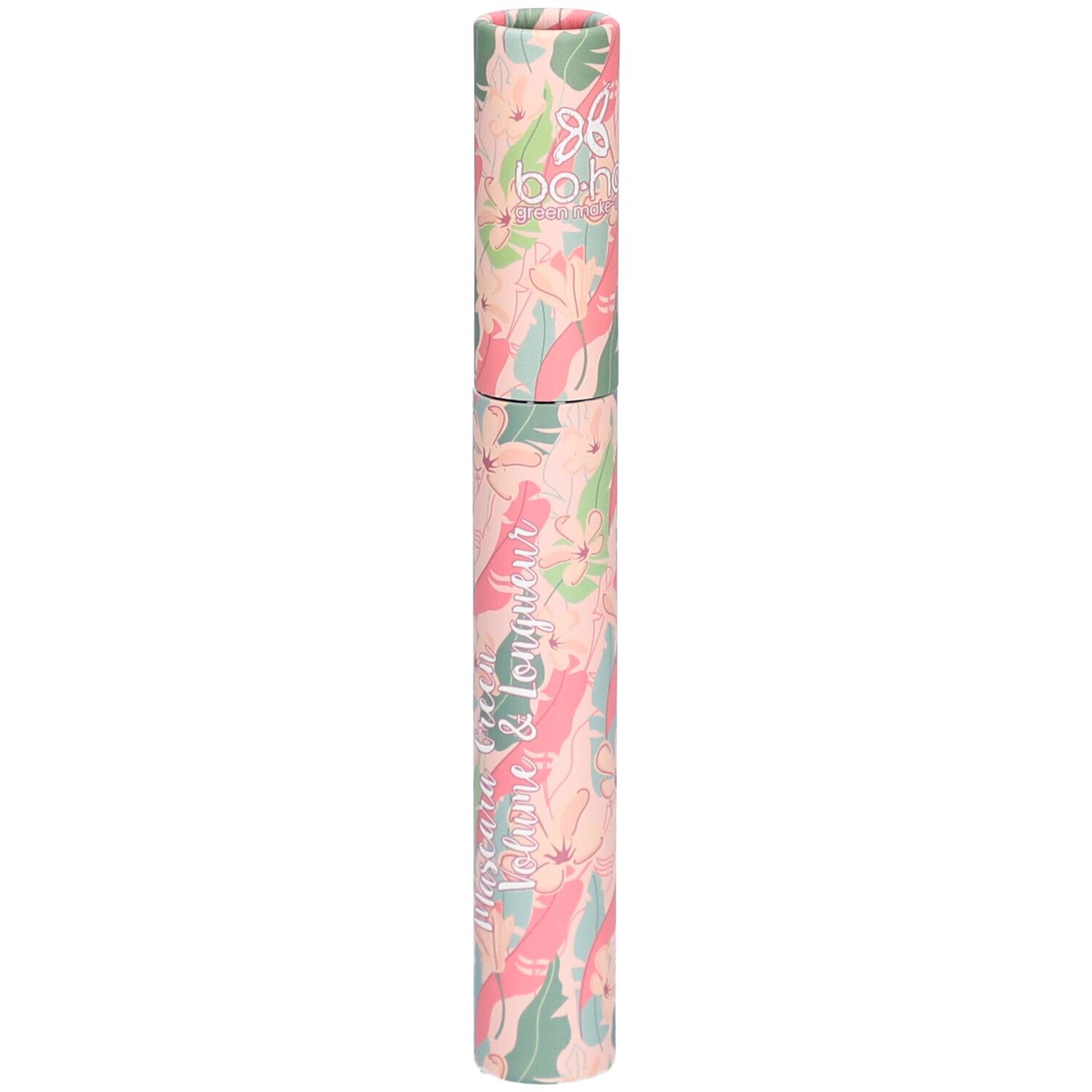 Tube de mascara cylindrique à motifs floraux. Inscription: BOHO, Mascara Volume & Longueur.