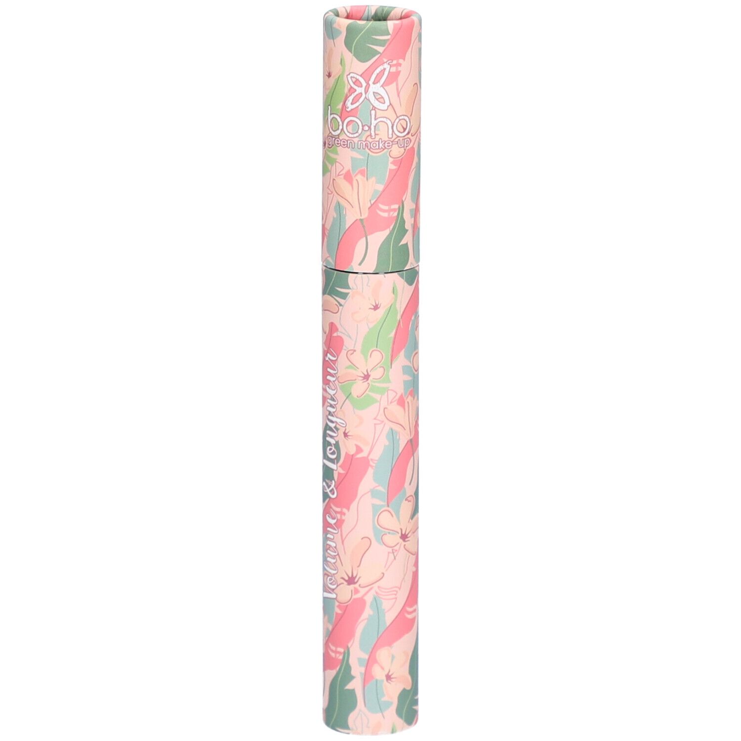 Tube de mascara cylindrique à motifs floraux. Inscription: BOHO, Mascara Volume & Longueur.