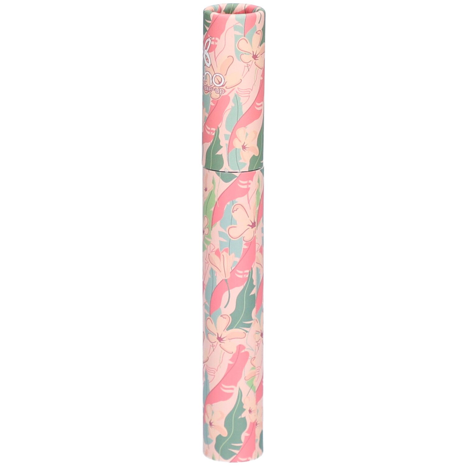 Tube de mascara cylindrique à motifs floraux. Inscription: BOHO, Mascara Volume & Longueur.