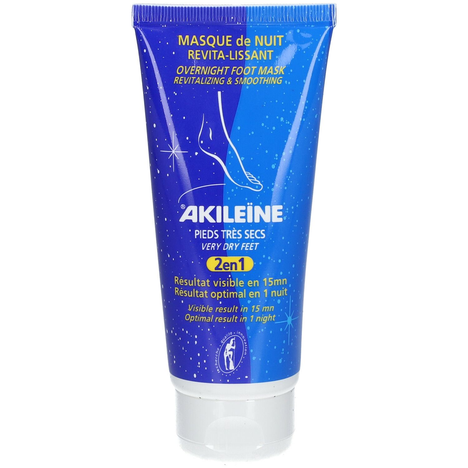 Blauw-witte tube. Opschrift: MASQUE de NUIT, REVITA-LISSANT, OVERNIGHT FOOT MASK. Merk: AKILEÏNE. Voor zeer droge voeten. 2in1.